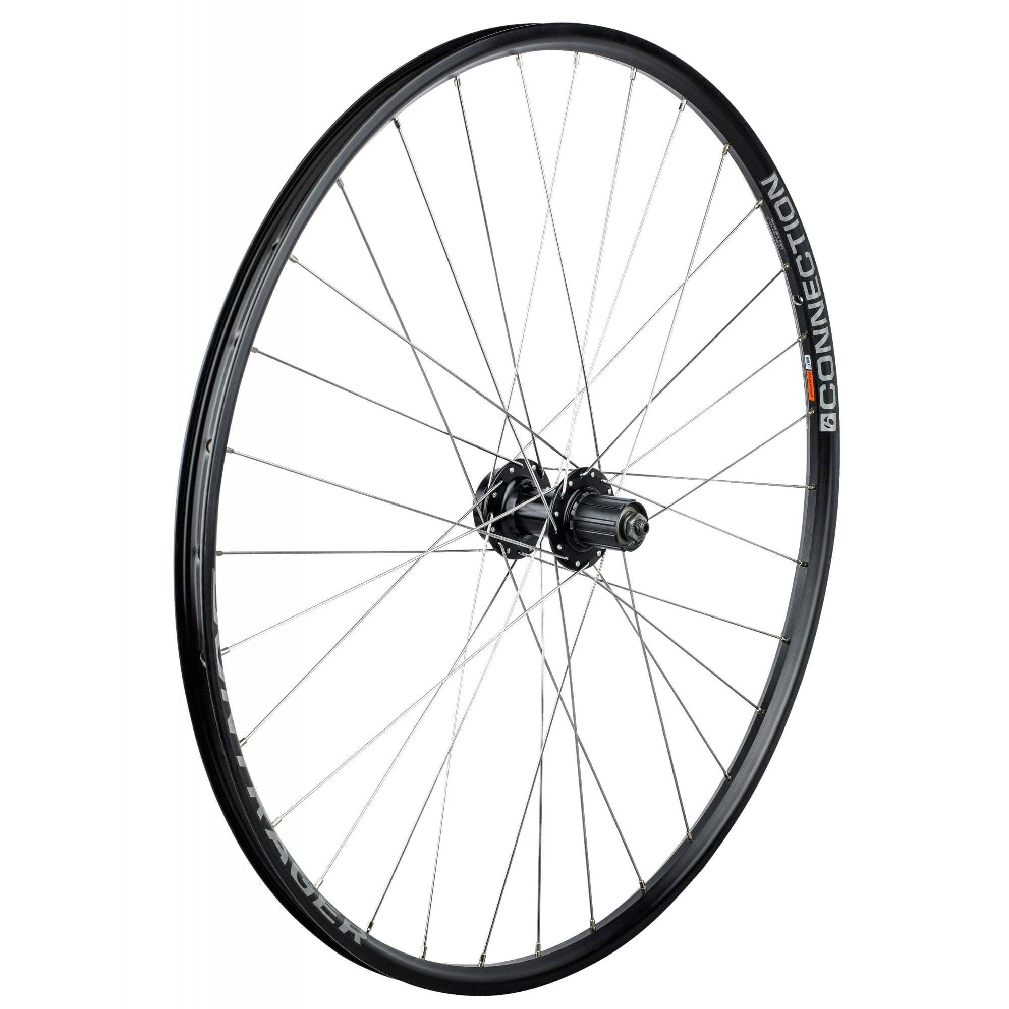 Bontrager 700C rear mountain bike wheel with 6-bolt disc brake, 32H black alloy, designed for MTB cycling.