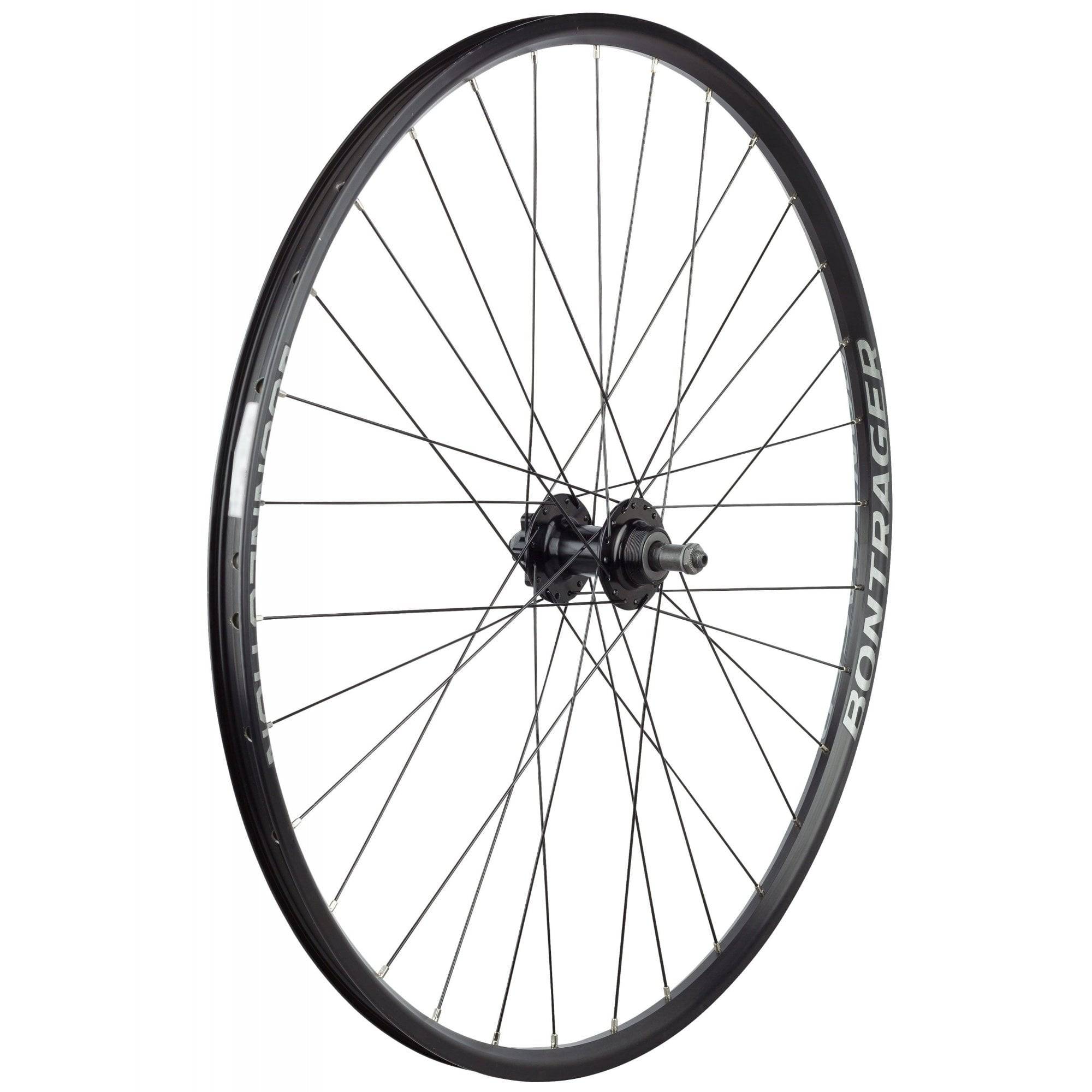 Bontrager 700C rear MTB wheel with 6-bolt disc hub, 32H black alloy rim, suitable for mountain biking components.