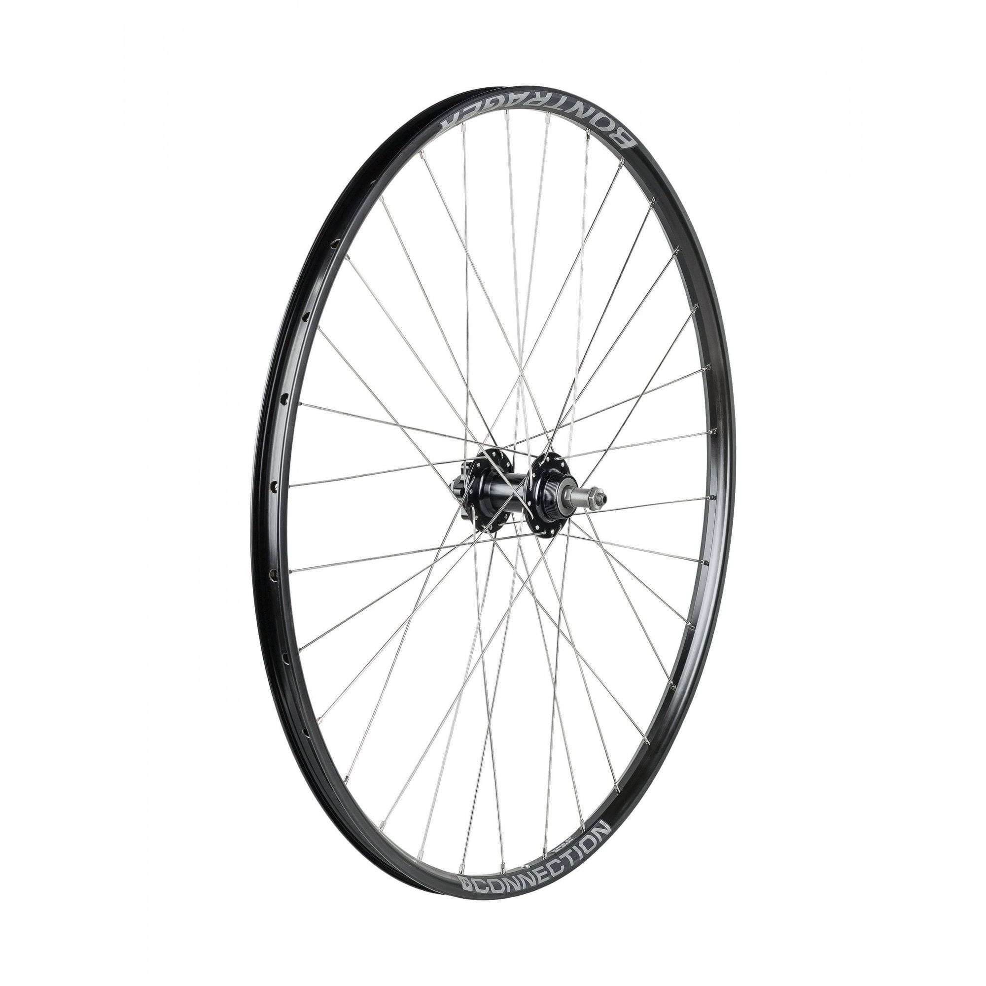 Bontrager 700C rear mountain bike wheel with 6-bolt disc brake mount, black 32-hole rim, suitable for MTB cycling components.