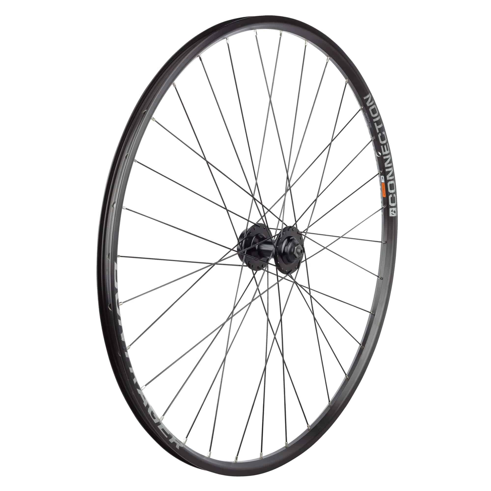 Bontrager 700C rear mountain bike wheel with 6-bolt disc brake, black 32H rim, designed for MTB riding.