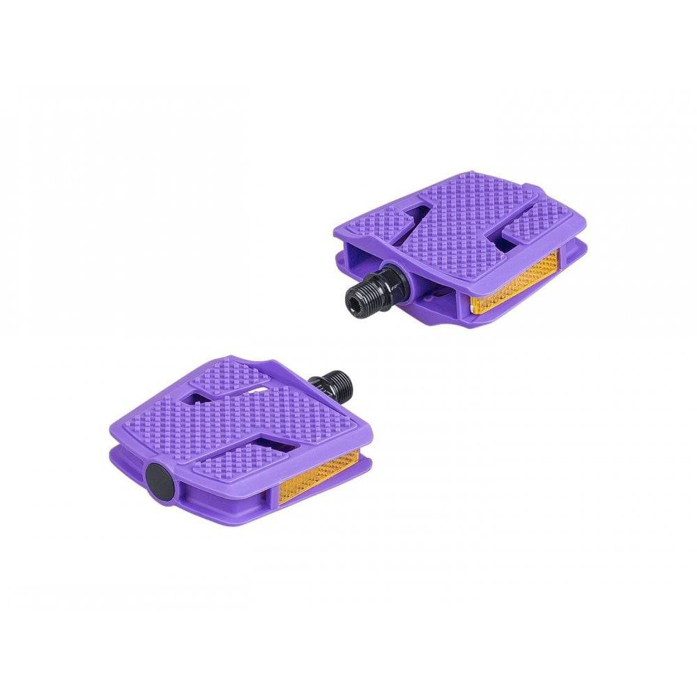 Trek Kids' large ultraviolet flat platform pedals with 9/16-inch axles, designed for children's bikes, durable and easy to grip.