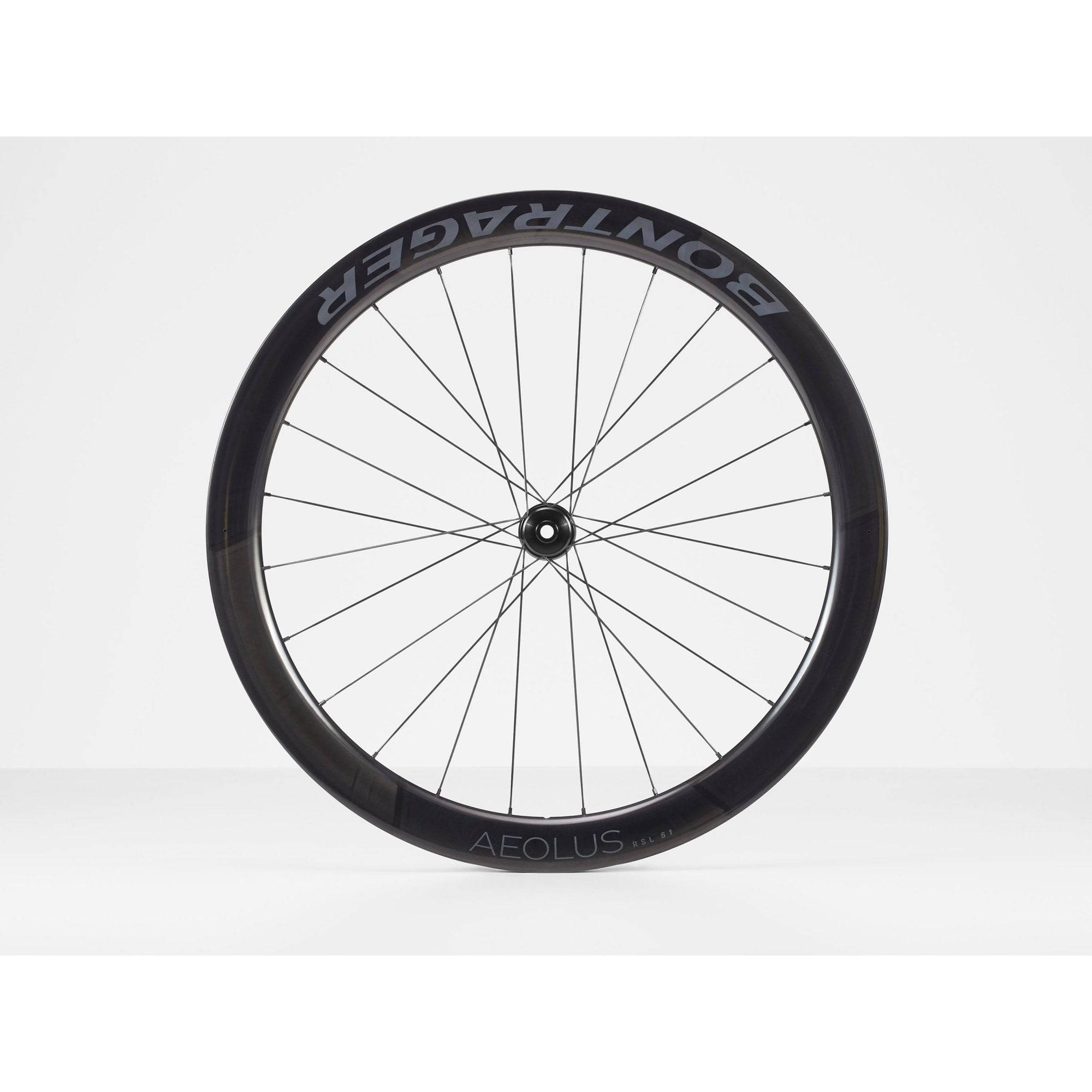 Bontrager Aeolus RSL 51 TLR disc road wheels with tubeless-ready carbon aero rims and sleek black spokes.