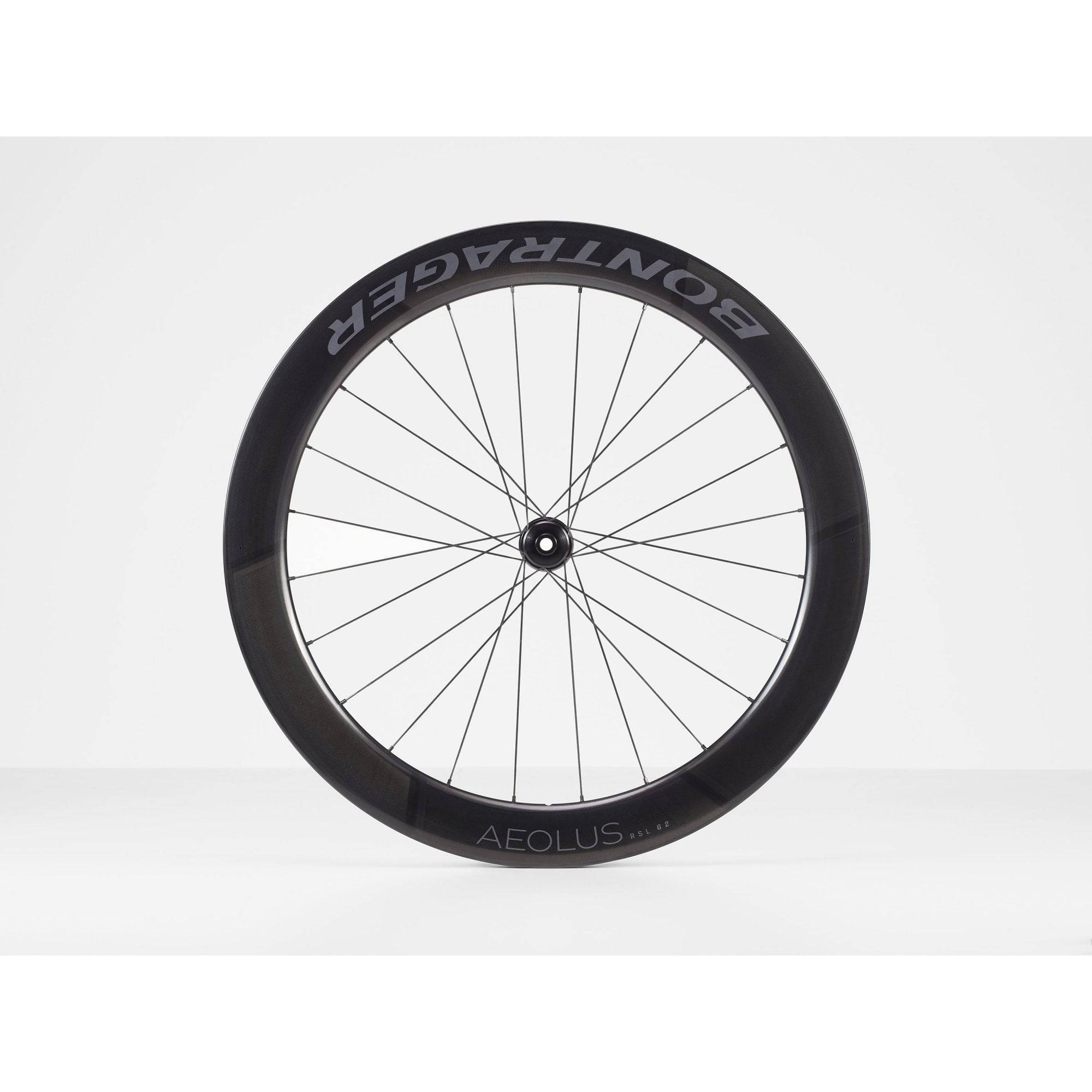 Bontrager Aeolus RSL 62 TLR disc road wheels with tubeless-ready carbon aero rims and aerodynamic spokes, suitable for high-performance cycling.