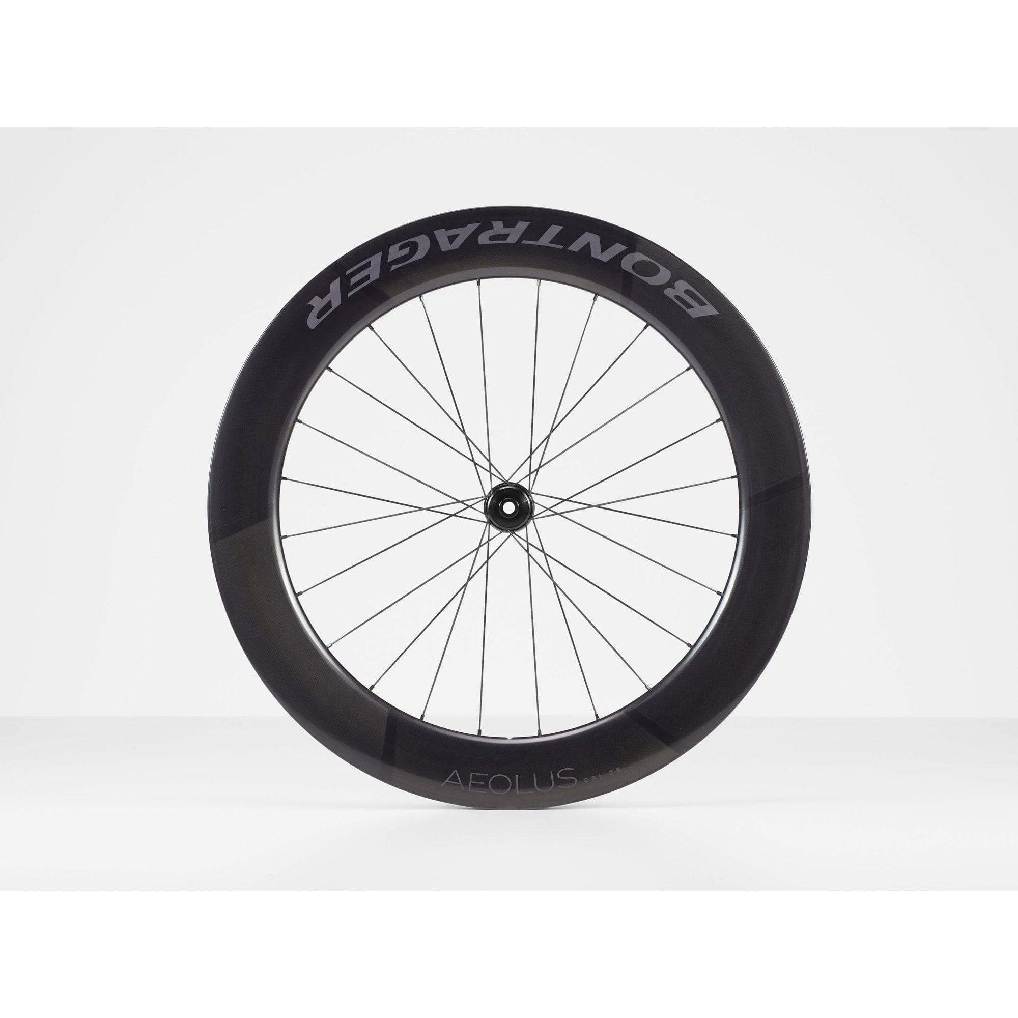 Bontrager Aeolus RSL 75 TLR disc road wheels with tubeless-ready carbon aero rim and aerodynamic design.