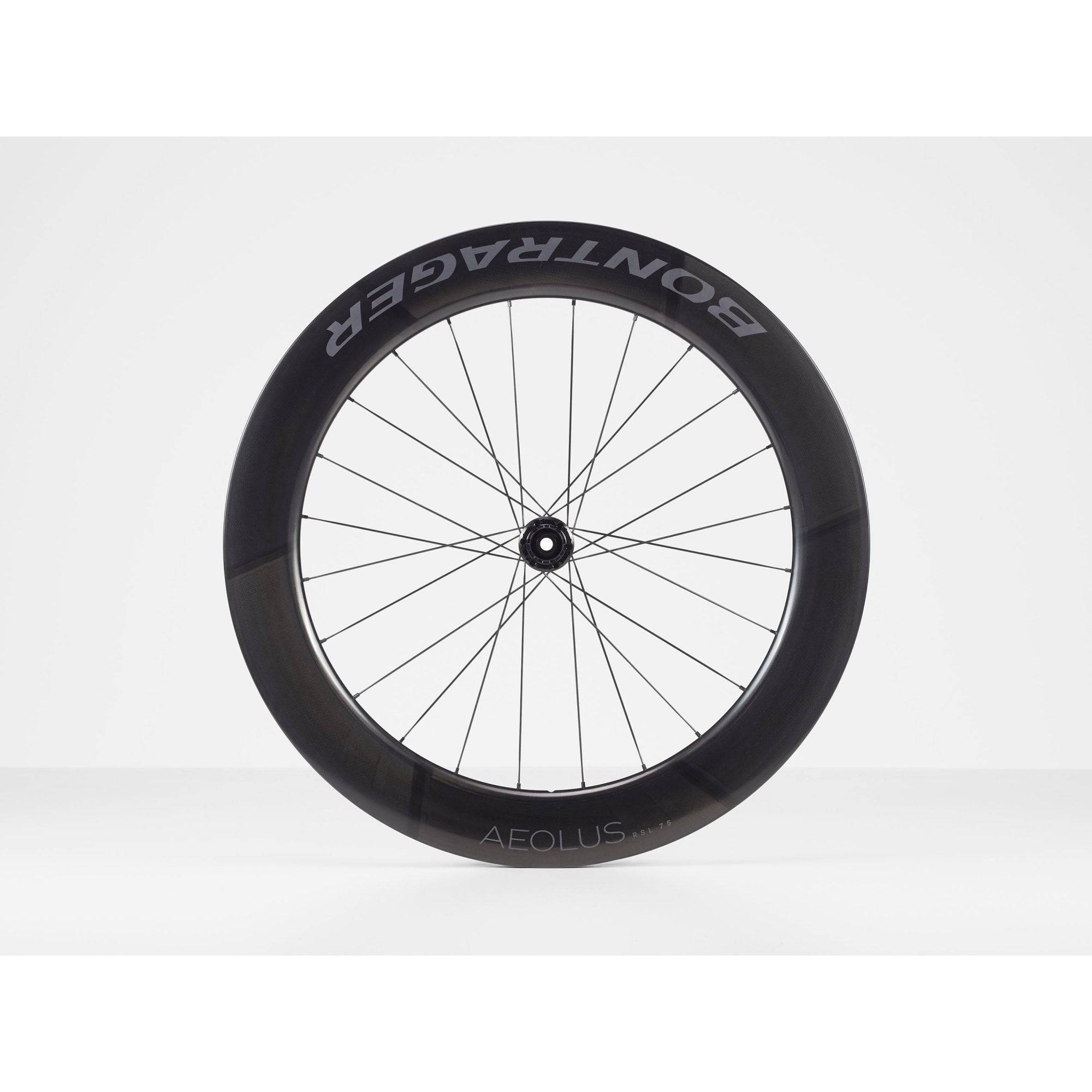 Bontrager Aeolus RSL 75 TLR disc road wheels with tubeless-ready carbon aero rims and lightweight aerodynamic design.