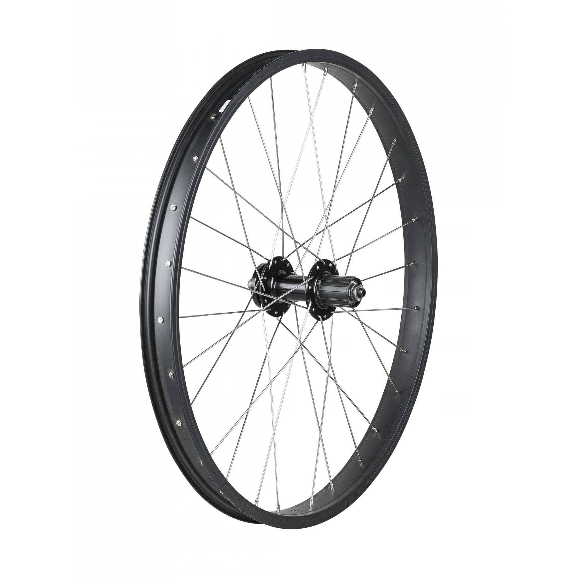 Trek Kids 24-inch mountain bike disc brake wheels with 28 holes and 6-bolt brake rotor mounting, suitable for children's mountain bikes.