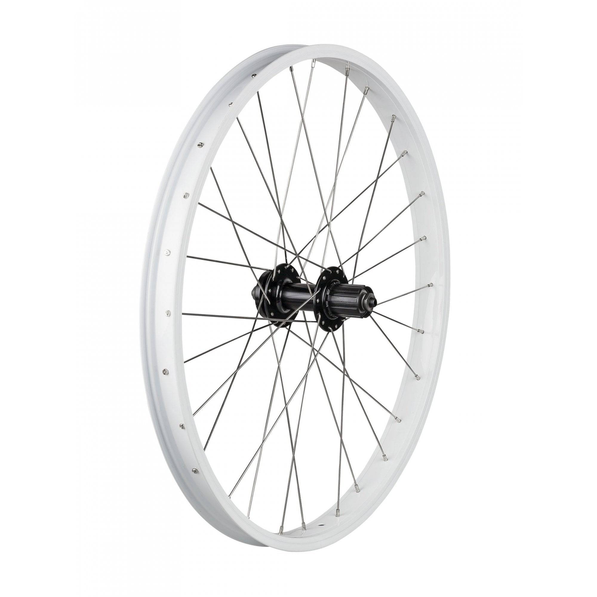 Trek Kids 24-inch mountain bike wheels with 28 holes and 6-bolt disc brake compatibility, featuring black rims and silver spokes.