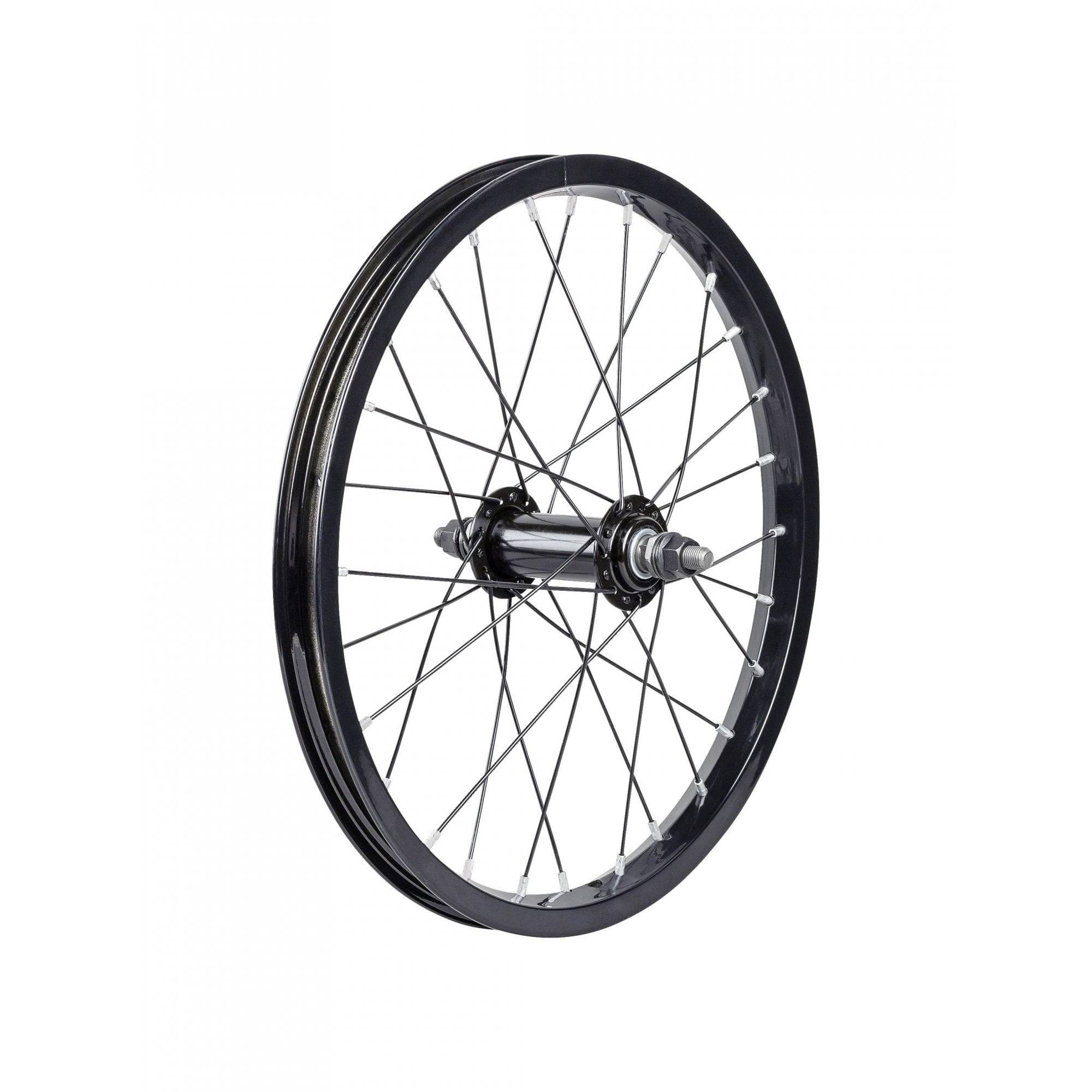 Trek Precaliber 16 coaster brake rear wheel for kids' bikes, durable and compatible bicycle component with black tire and silver metal hub.