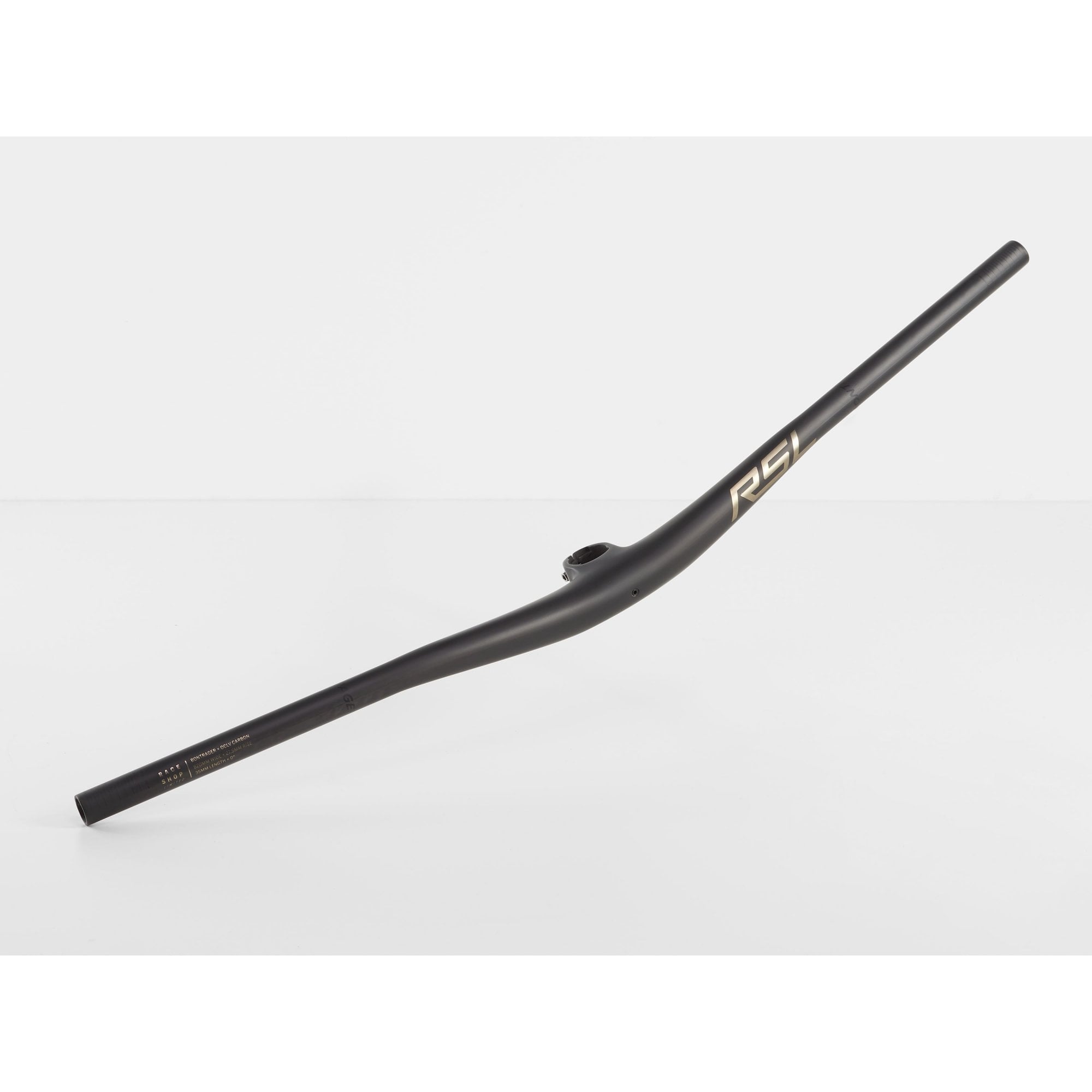 Bontrager MTB RSL handlebar and stem with Knock Block adapter for mountain bike components, showing the sleek black design and mounting hardware.