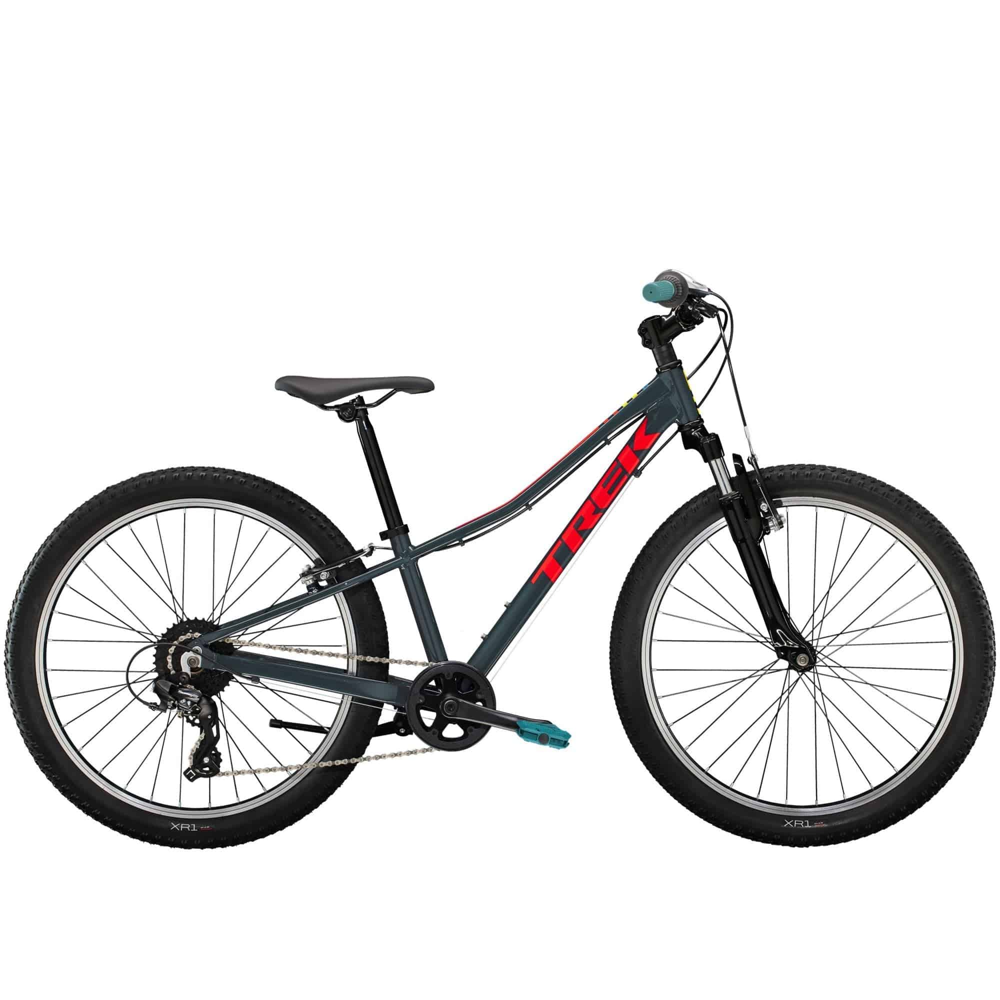 Trek Precaliber 24 kids' bike with 8-speed twist shift and suspension, featuring a sturdy frame and colorful design for young riders.