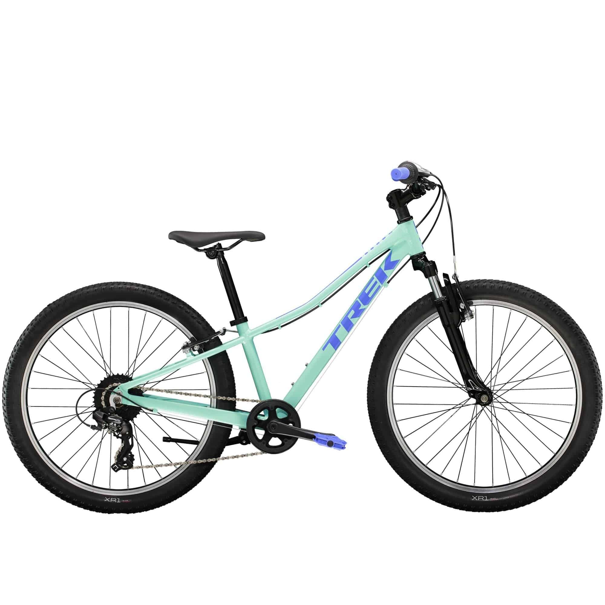 Trek Precaliber 24 kids bike with 8-speed twist shift and suspension, featuring a sturdy frame and colorful design.