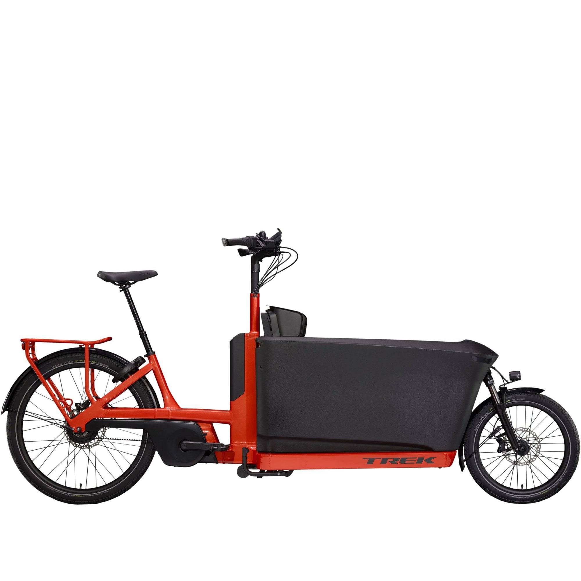 Trek Fetch+ 4 electric cargo bike with Bosch motor, customizable child seating, and sturdy frame for family hauling.