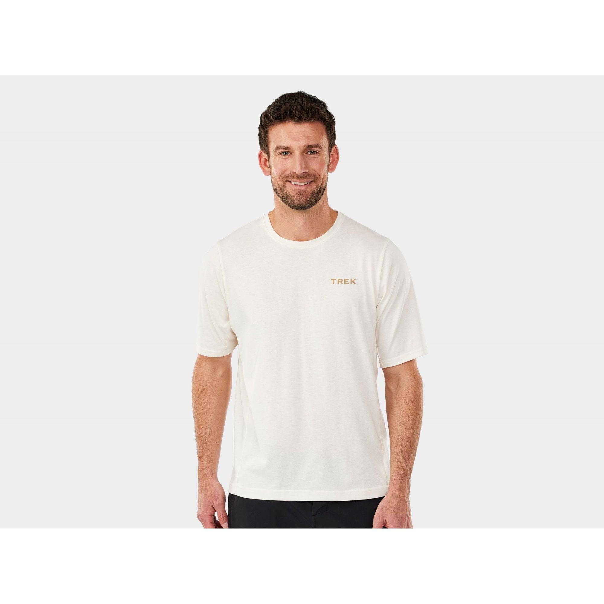 Trek Evoke mountain bike tech tee jersey, breathable unisex MTB shirt in black with short sleeves and logo details.