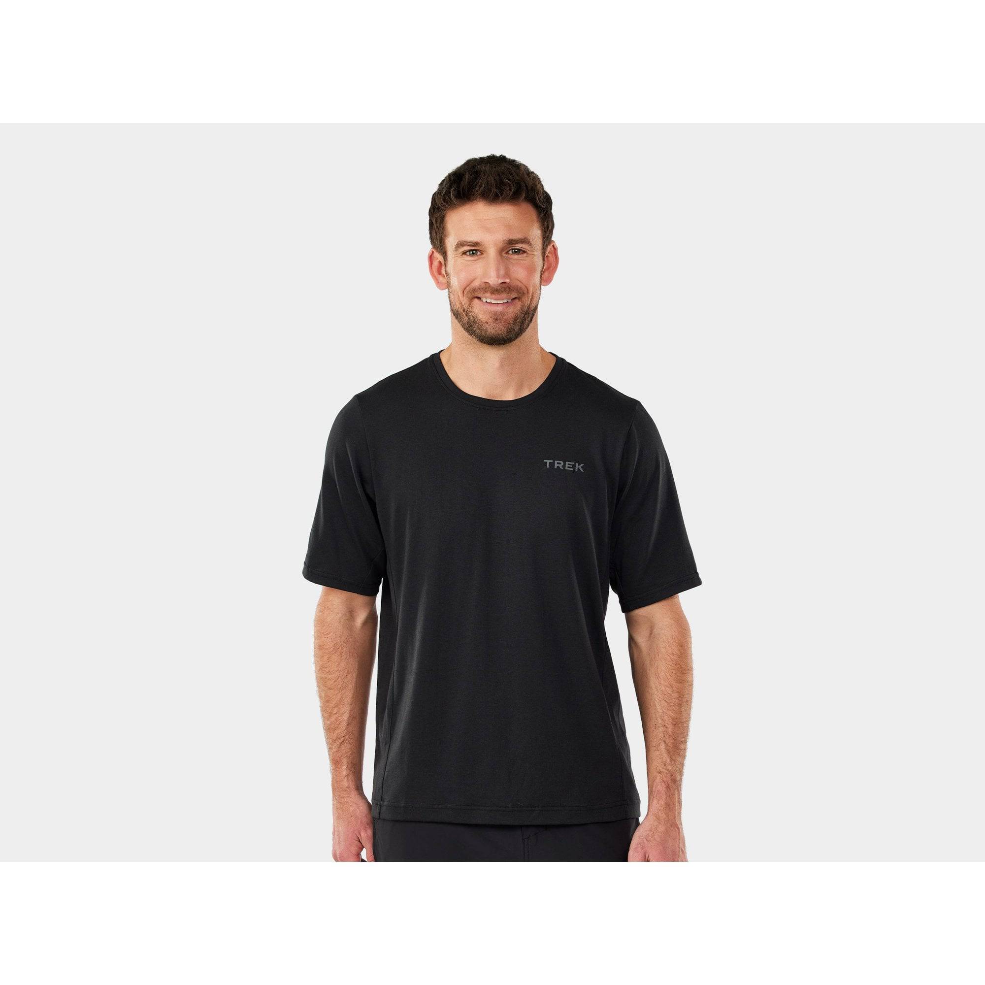Trek Evoke mountain bike tech tee jersey, breathable unisex MTB shirt in lightweight fabric suitable for trail riding.