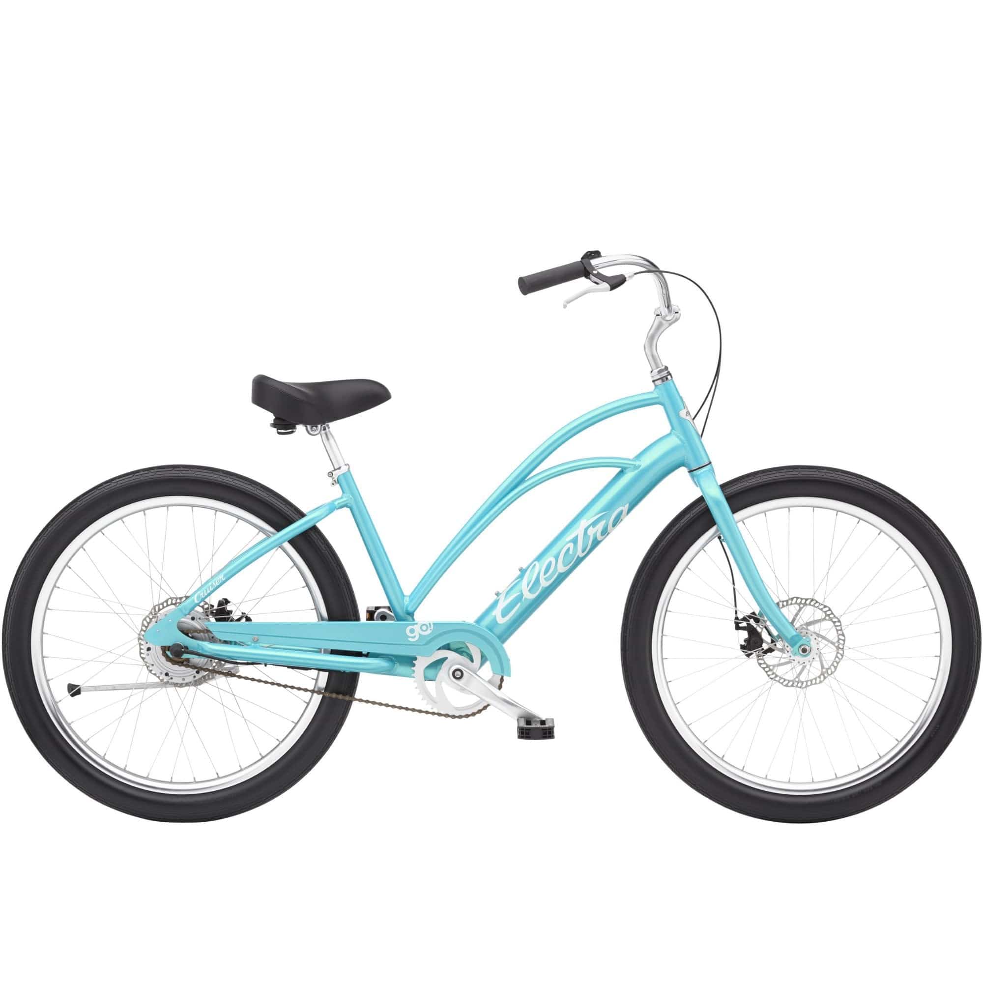 Electra Cruiser Go! Step-Thru e-hybrid bike with pedal assist, flat foot technology, featuring a sleek frame and comfortable riding position.