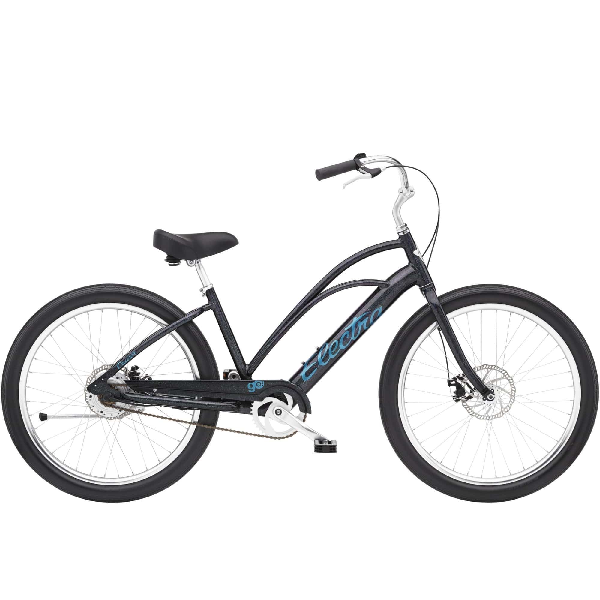 Electra Cruiser Go! Step-Thru e-hybrid bike with pedal assist and flat foot technology, featuring a sleek frame and comfortable design.