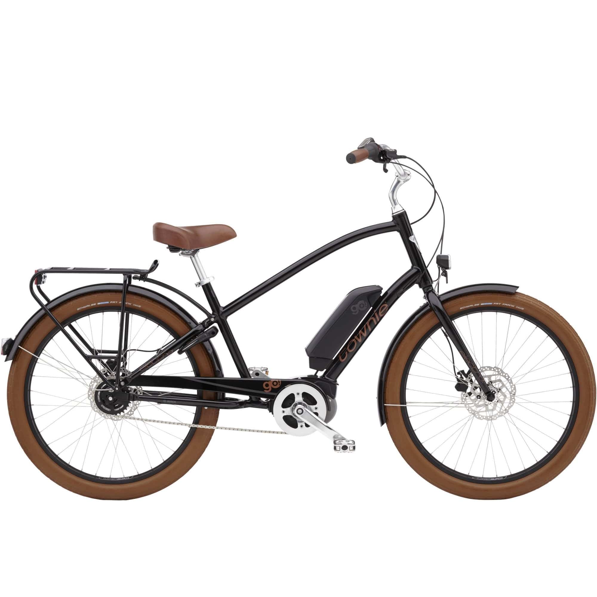Electra Townie Go! 5i EQ step-over e-hybrid bike with Bosch motor and Shimano Nexus gears, shown from side view.