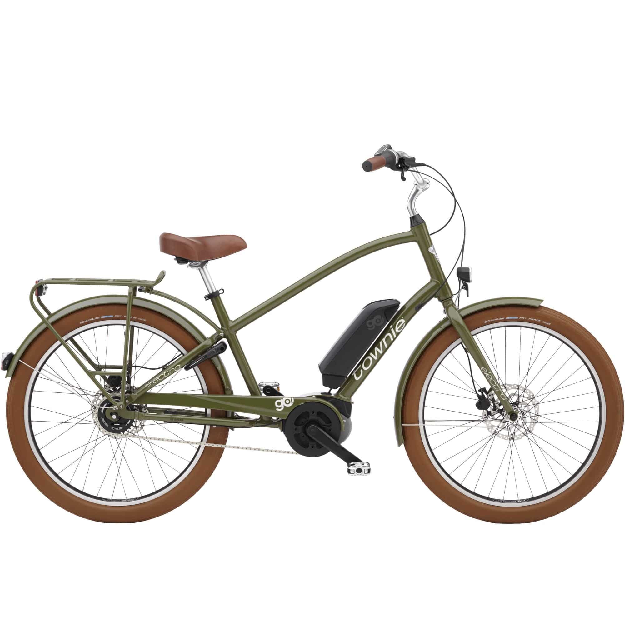 Electra Townie Go! 5i EQ step-over e-hybrid bike with Bosch motor and Shimano Nexus gears, featuring a sleek frame and modern design.