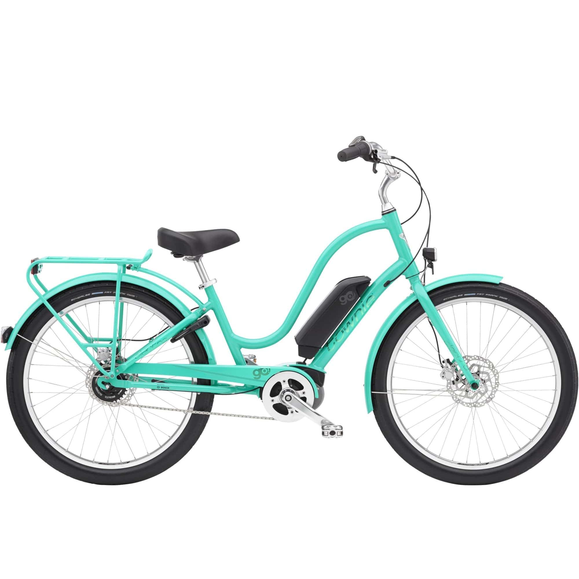 Electra Townie Go! 5i EQ electric hybrid bike with Bosch Active Line Plus motor, step-thru frame, and sleek design.