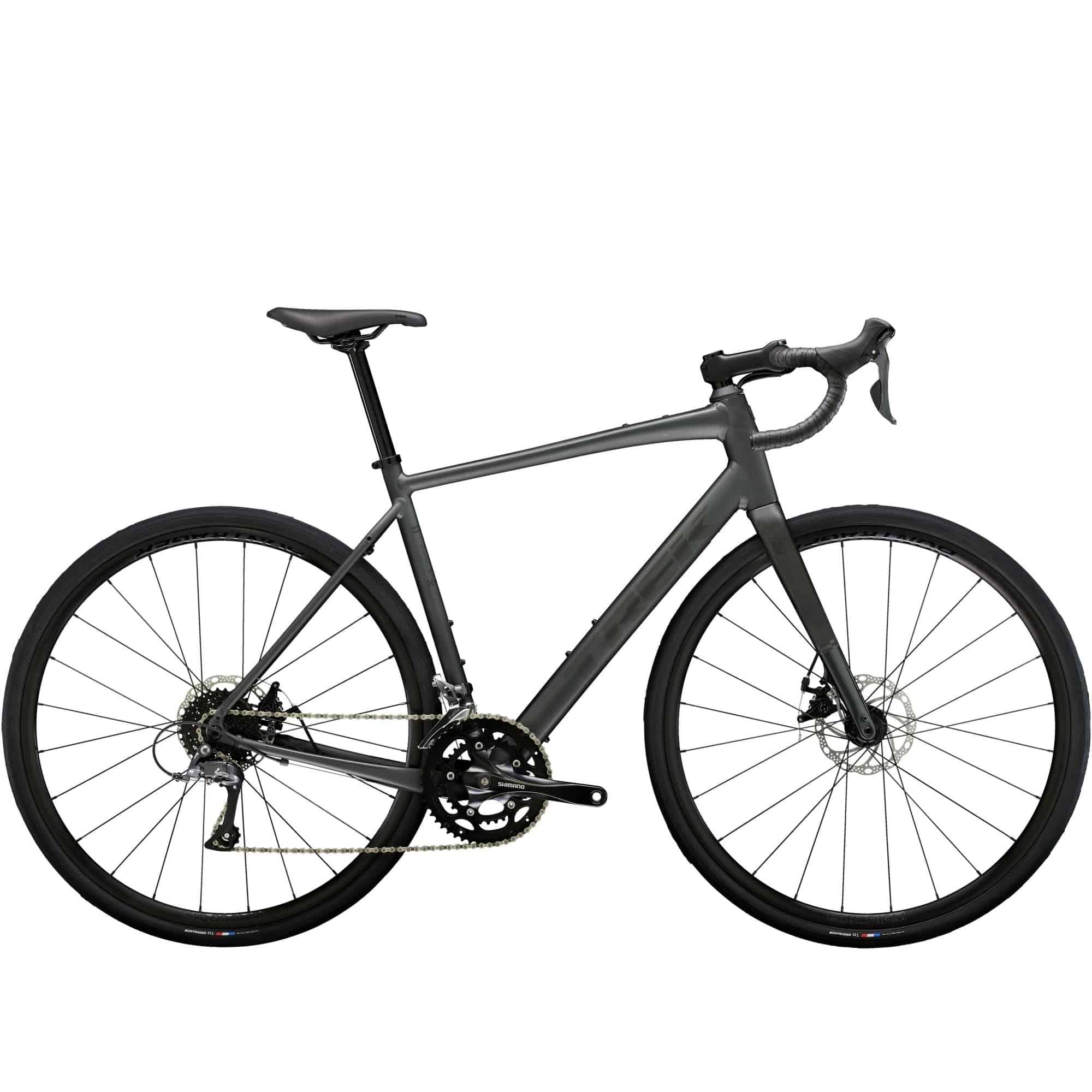 Trek Domane AL 2 Gen 4 road bike with Shimano Claris 8-speed drivetrain and disc brakes, shown from side view.