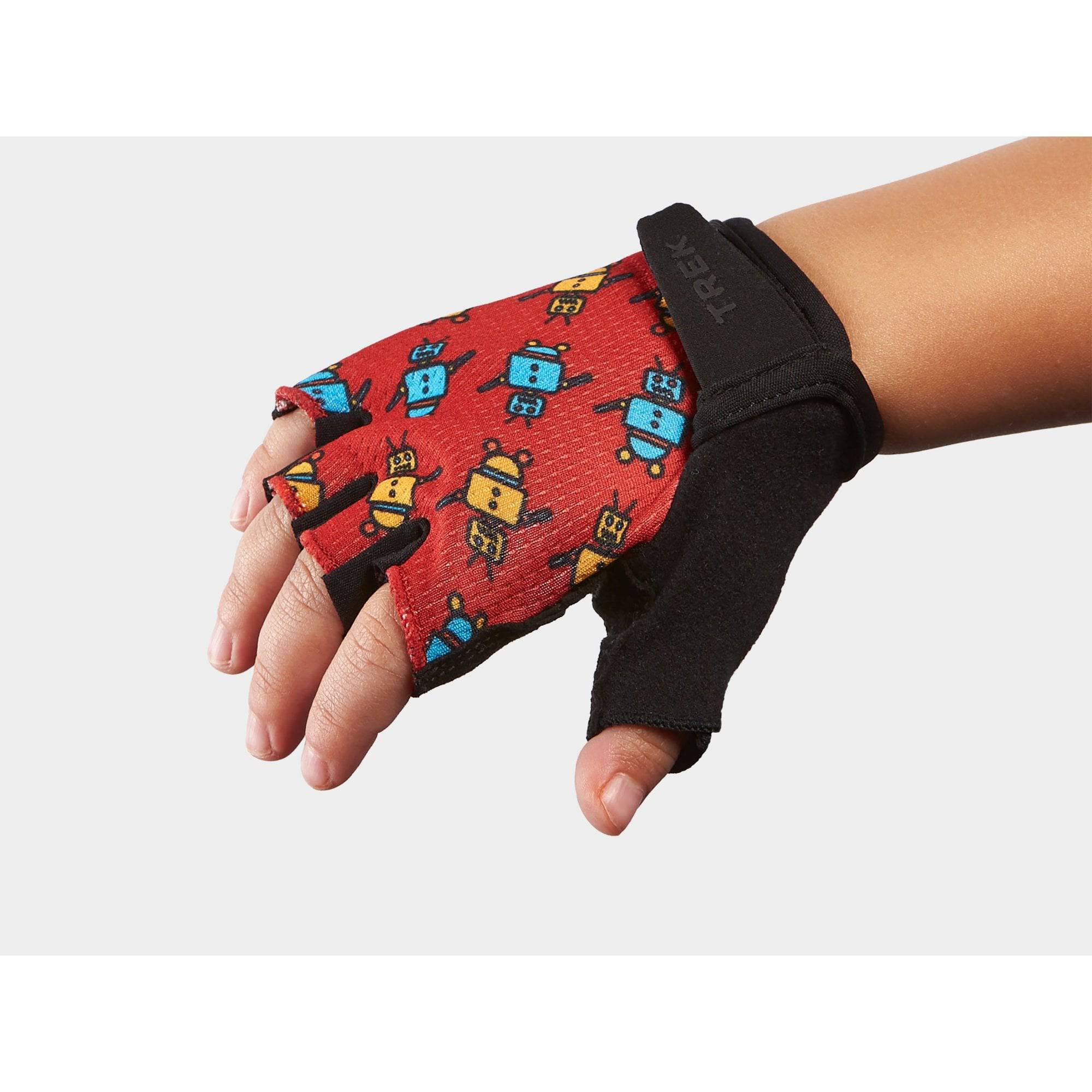 Trek Kids™ unisex bike gloves, breathable and durable cycling gloves for children, shown in black with padding and grip features.
