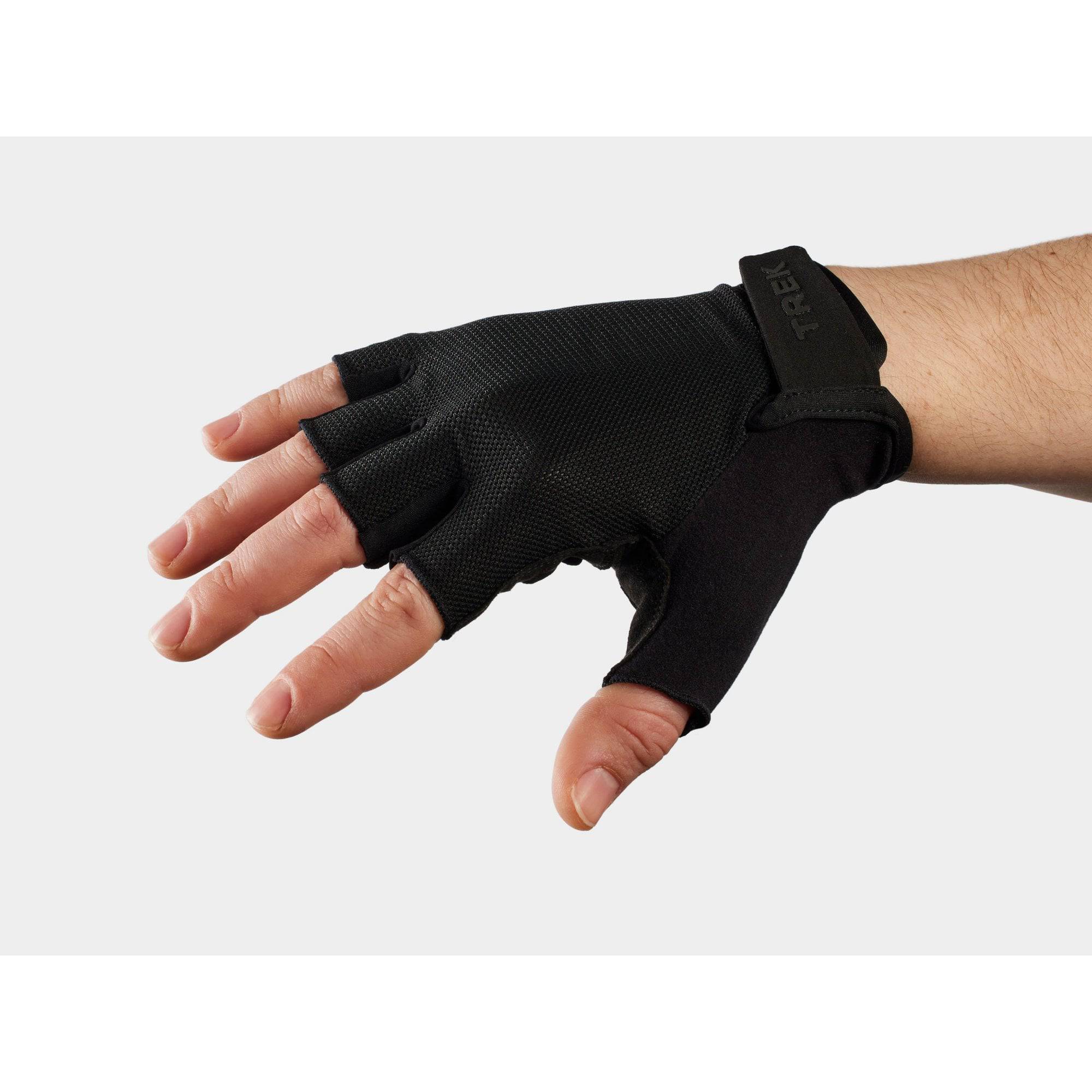 Trek Solstice Gel Padded Unisex Cycling Gloves showing padded palms and adjustable wrist straps for comfort and grip.