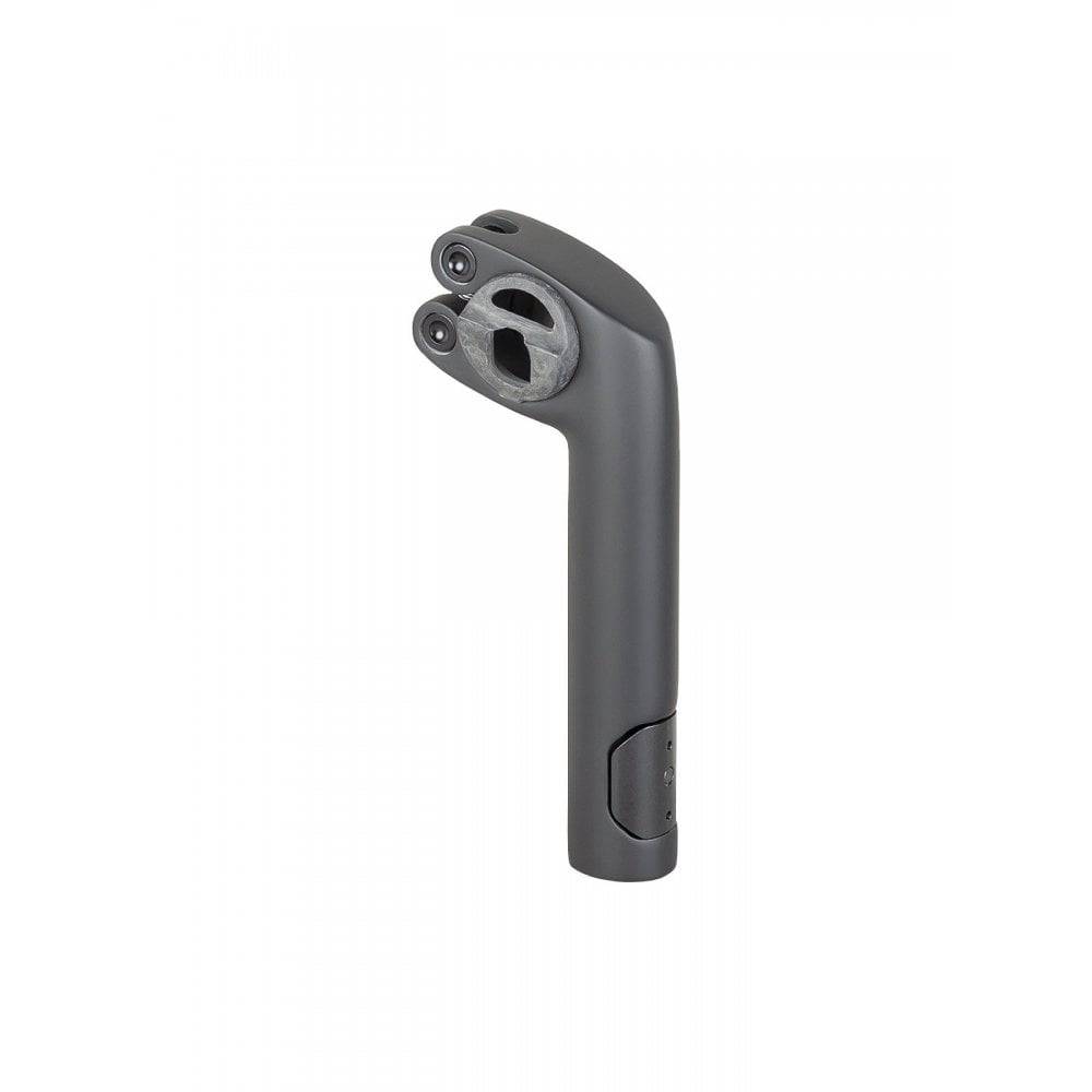 Trek Domane+ HP matte black adjustable bike seatpost, close-up view showing sleek design and secure clamp mechanism.