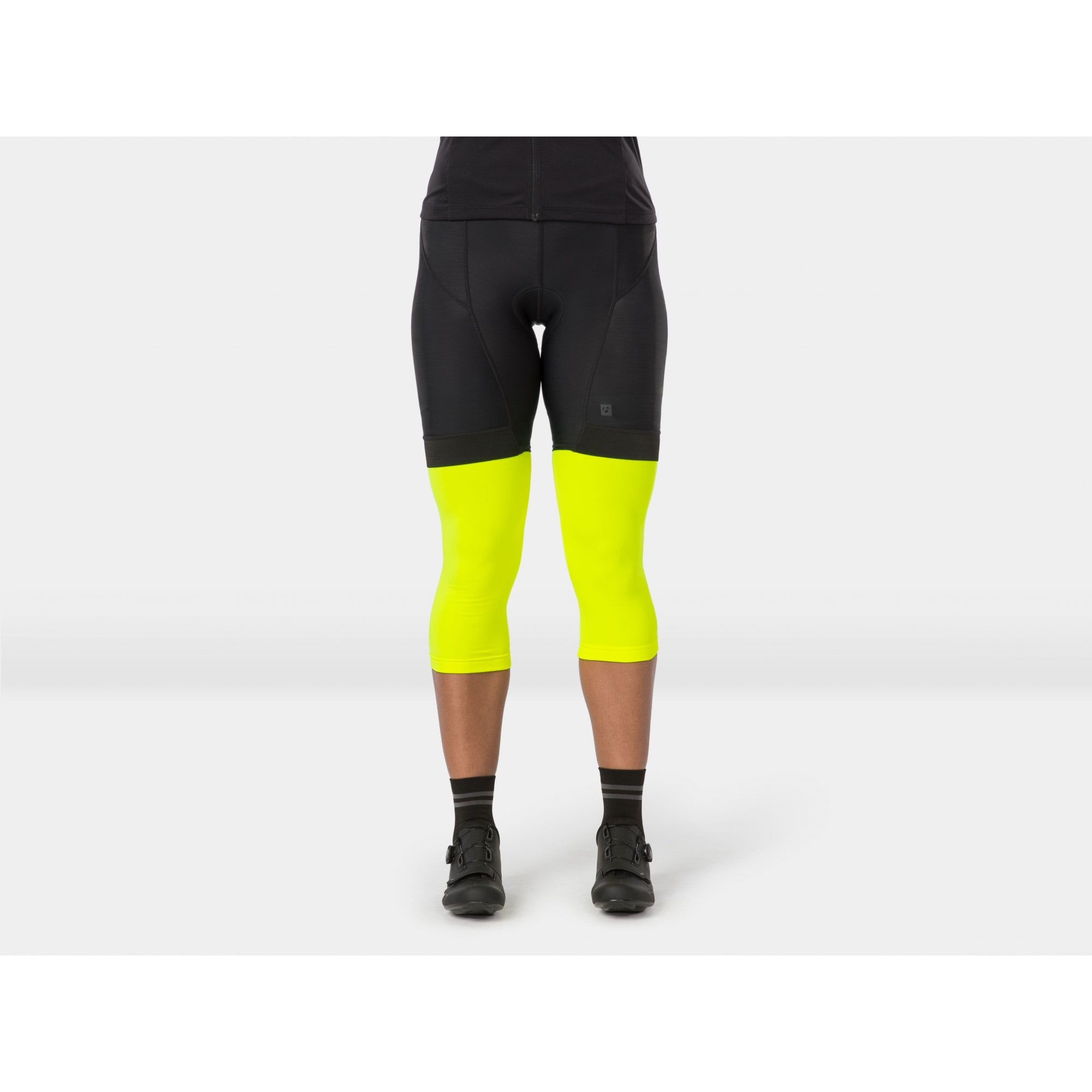 Bontrager thermal cycling knee warmers showing breathable, moisture-wicking fabric designed for cold weather rides.