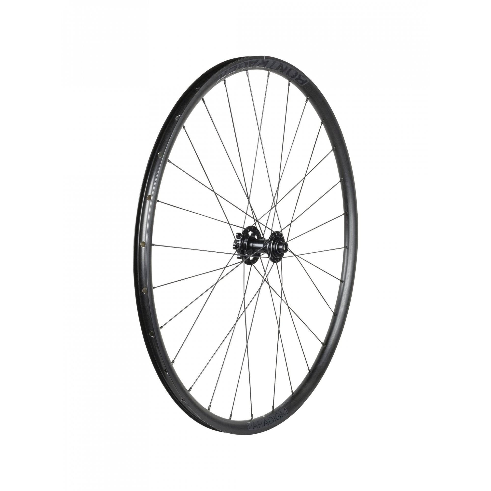 Bontrager Paradigm TLR Ride+ 700c front road wheel with disc brake, black, 28H spokes, no cassette installed.
