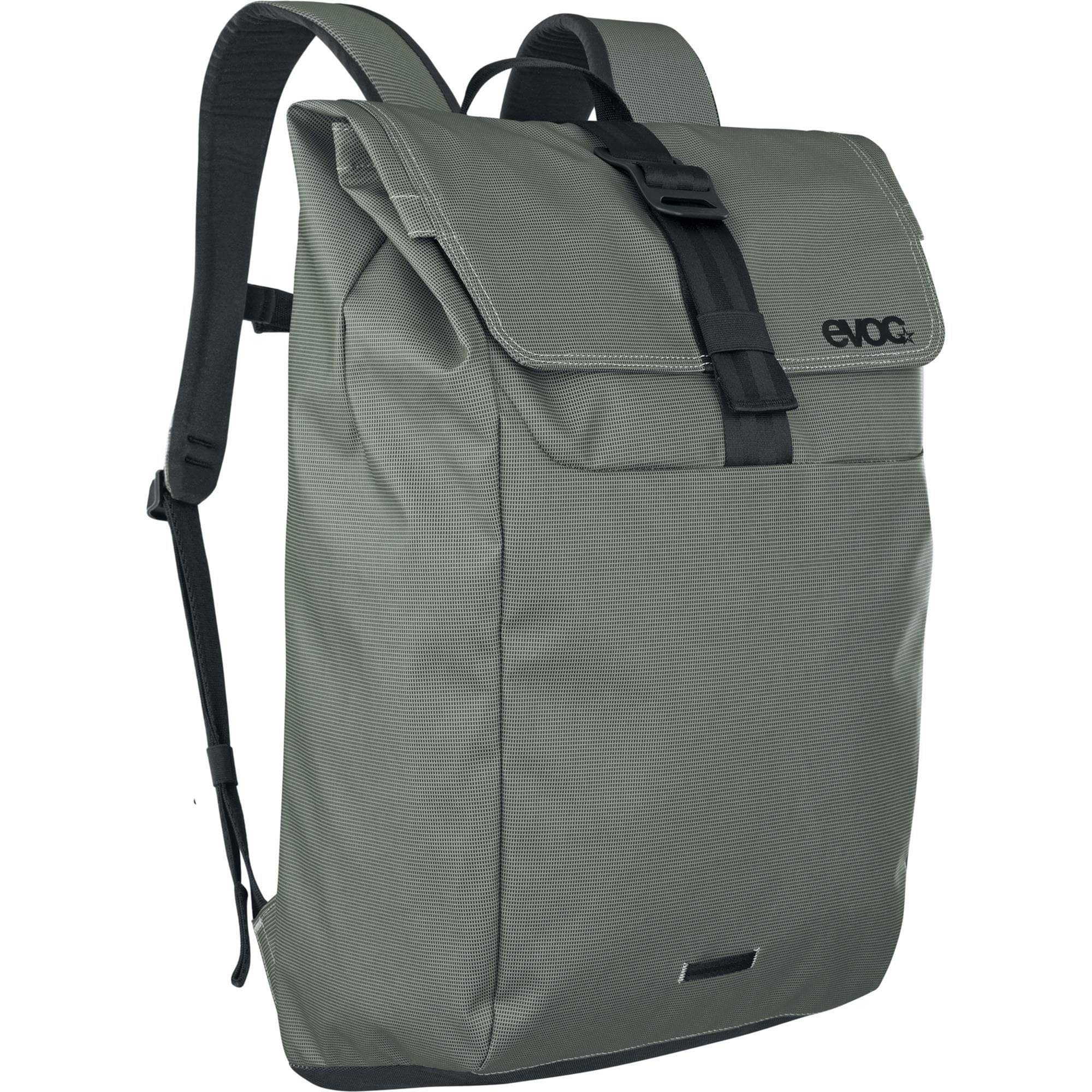 EVOC Duffle Backpack 26L in dark olive and black, waterproof travel bag with adjustable straps and multiple compartments.