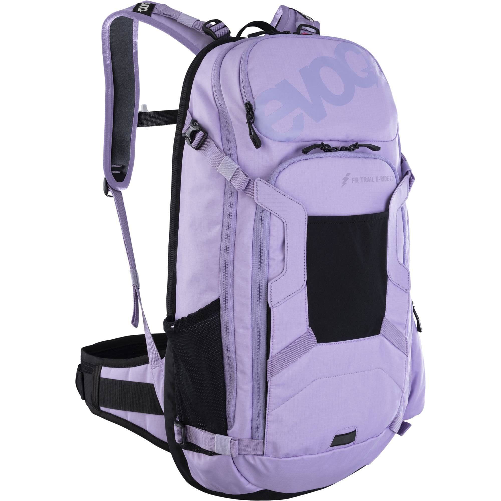 EVOC FR Trail E-Ride Protector Backpack with hydration bladder and battery compartment, designed for cycling accessories.