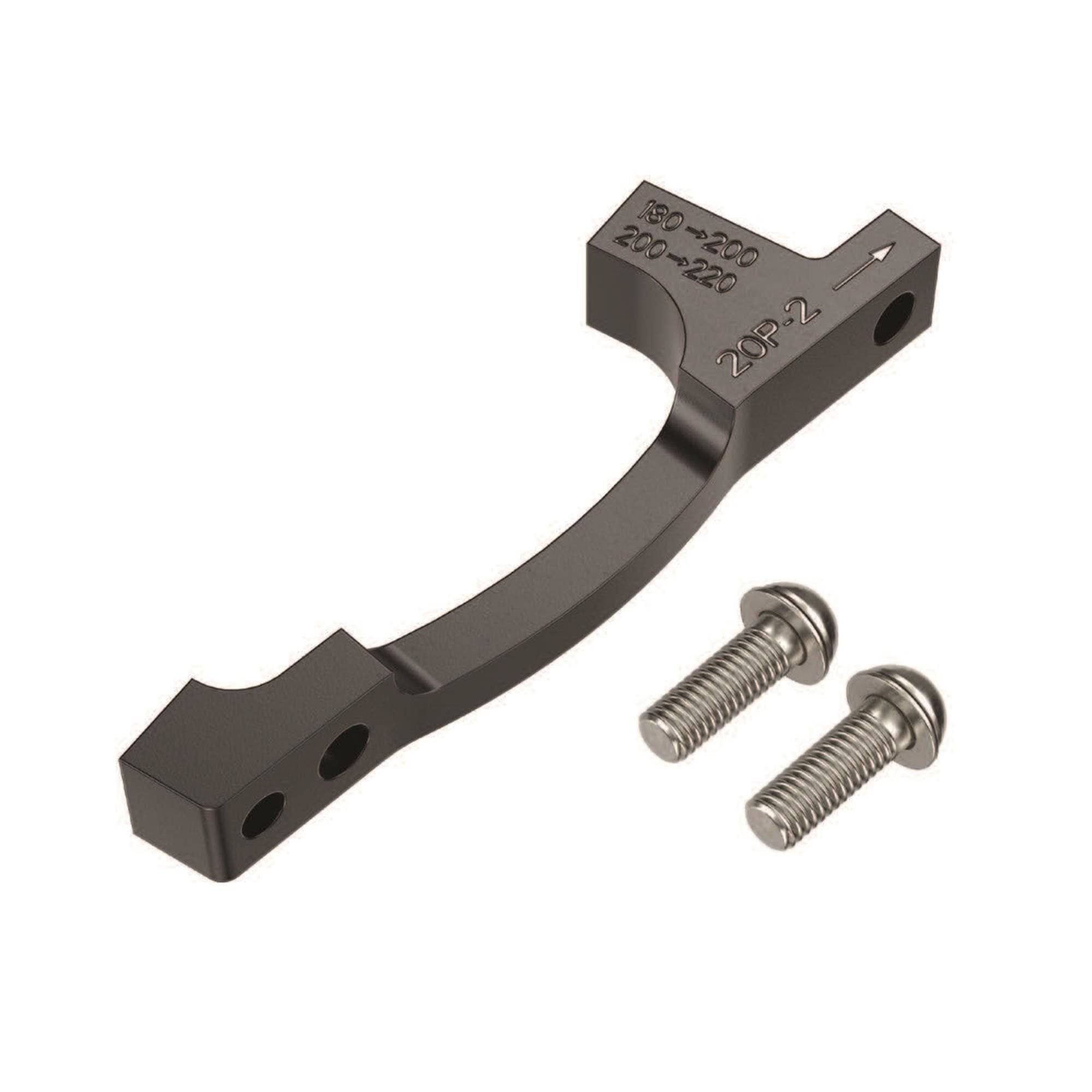 SRAM post bracket for 200mm and 220mm rotors with stainless mounting bolts, bicycle component part.
