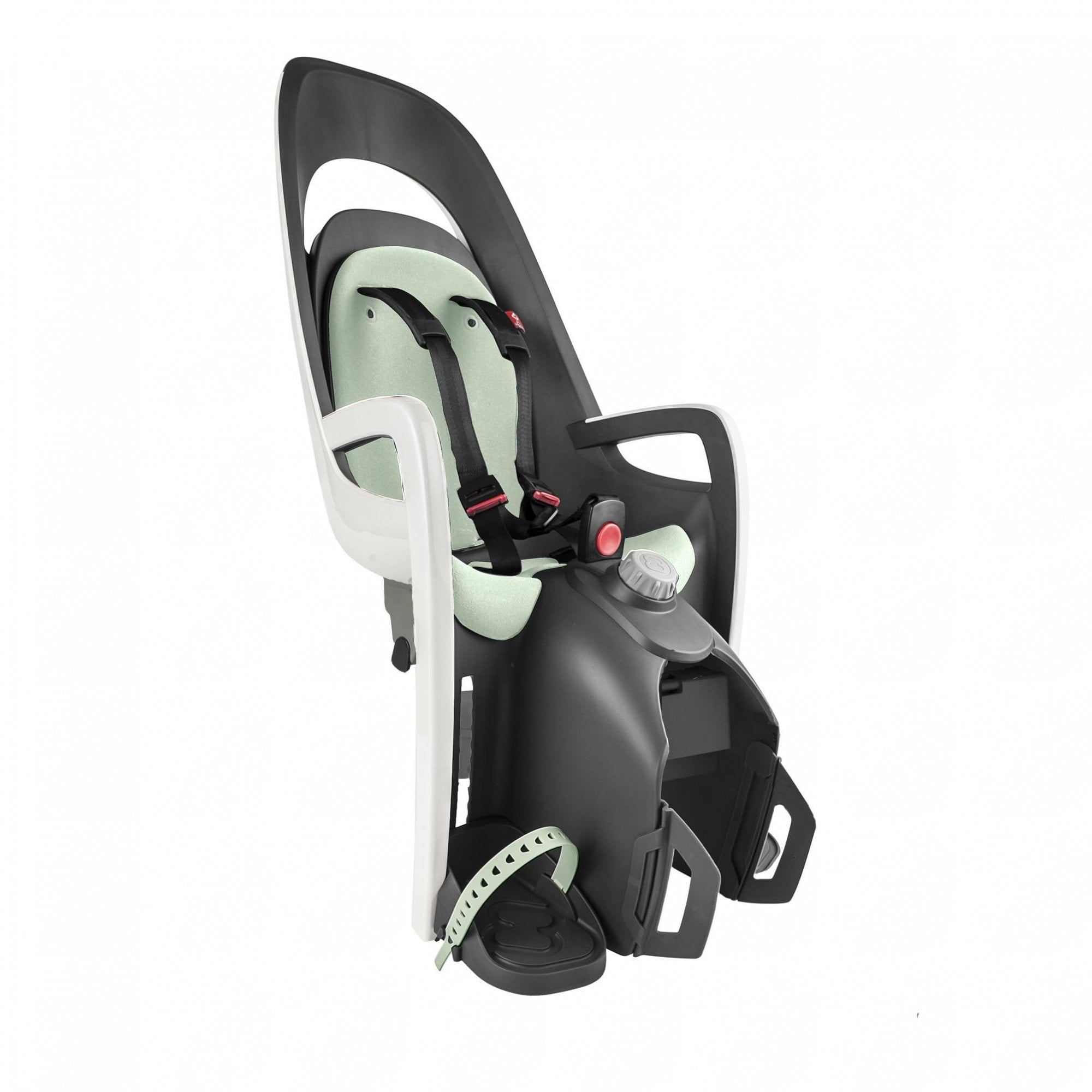 Hamax Caress child bike seat rear pannier rack mount in white and mint, shown with mounting accessories on a bicycle.