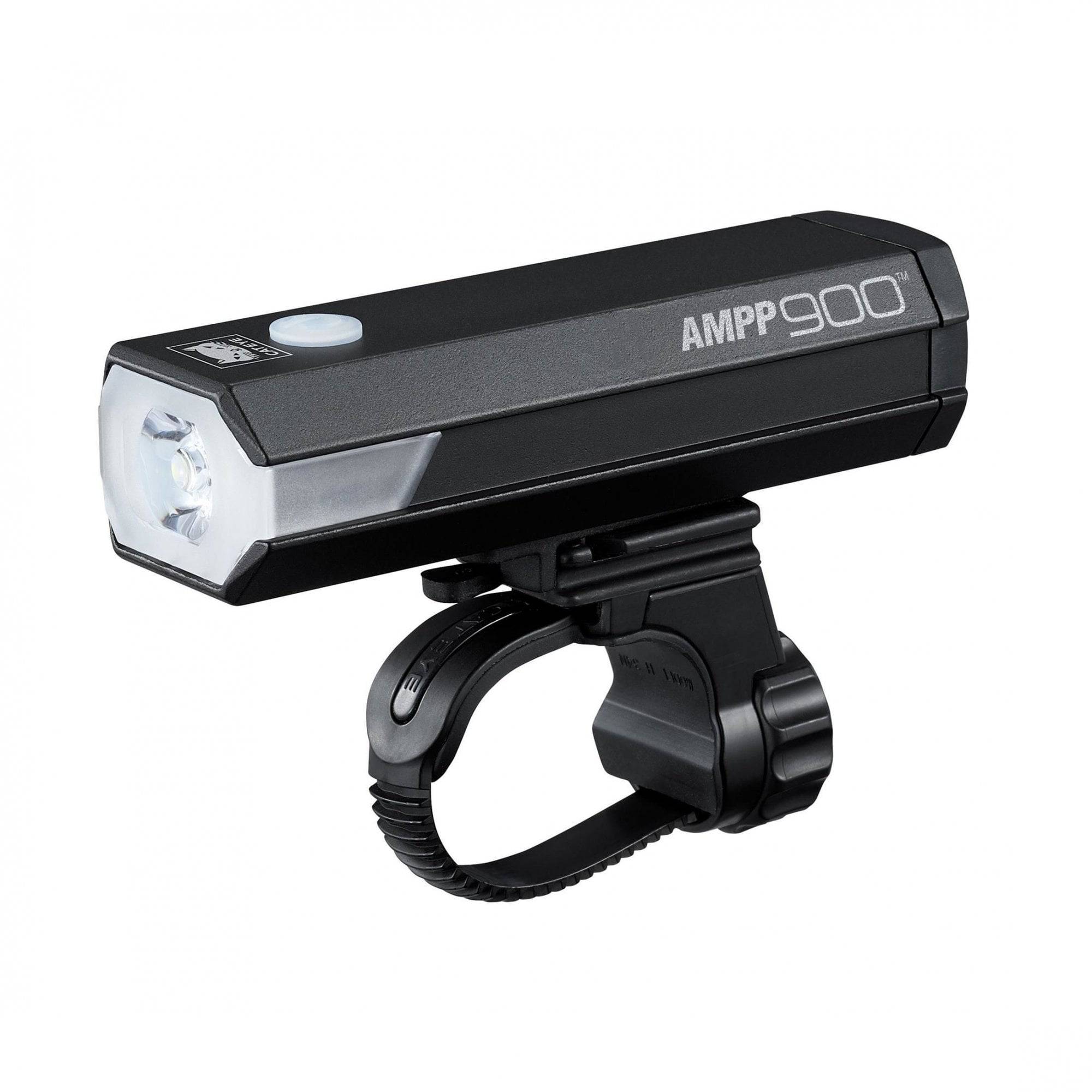 CatEye AMPP 900 front bike light in black with USB-C charging port and IPX4 water resistance, designed for cycling safety.
