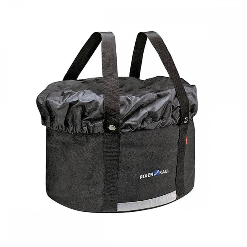 Rixen-Kaul Shopper Plus 24L handlebar bag in black with rain cover and reflector, designed for cycling accessories.