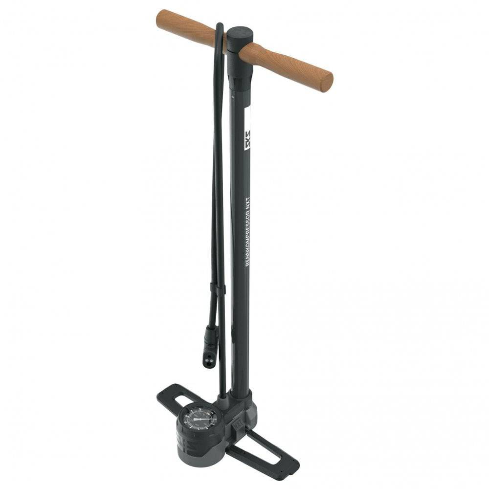 SKS Rennkompressor NXT floor pump with multi-valve head and pressure gauge for bike tire inflation, durable accessories.
