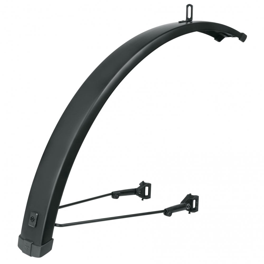 SKS Racks Infinity universal front mudguard for 27.5-29 inch wheels with ESC safety system, shown mounted on a bicycle.