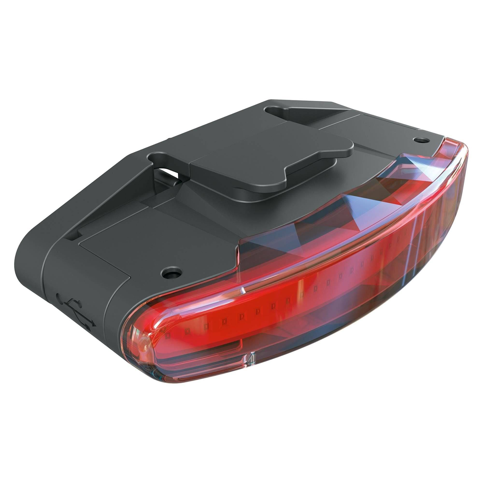 SKS Infinity universal rear bike light with flashing mode and USB rechargeable battery, mounted on a bicycle rear.