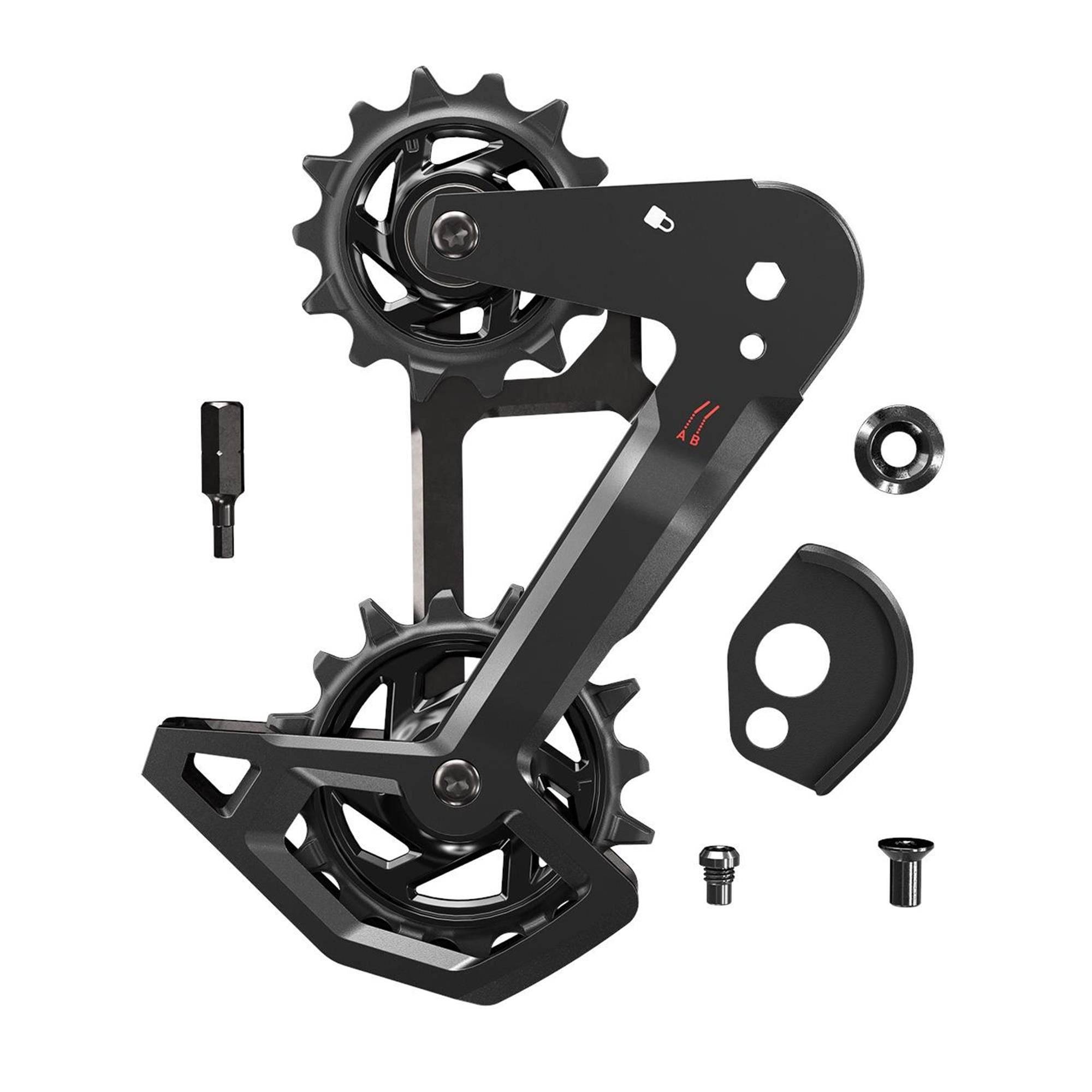 SRAM Eagle AXS rear derailleur cage kit with aluminum T-type cage, pulleys, and hex3 bit driver, bicycle component.