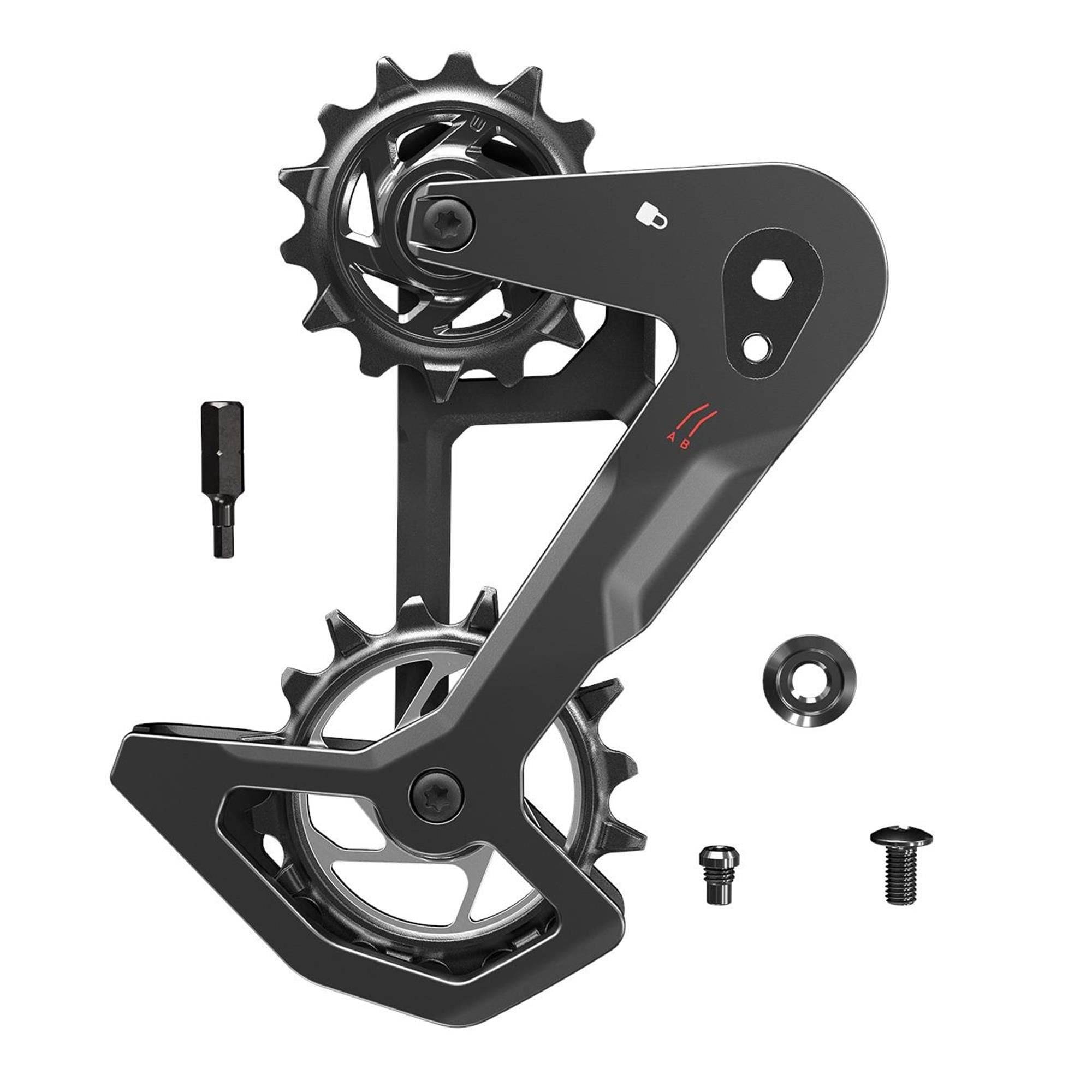 SRAM Eagle AXS Carbon T-Type rear derailleur cage kit with pulleys and Hex3 tool, lightweight component for bike shifting.