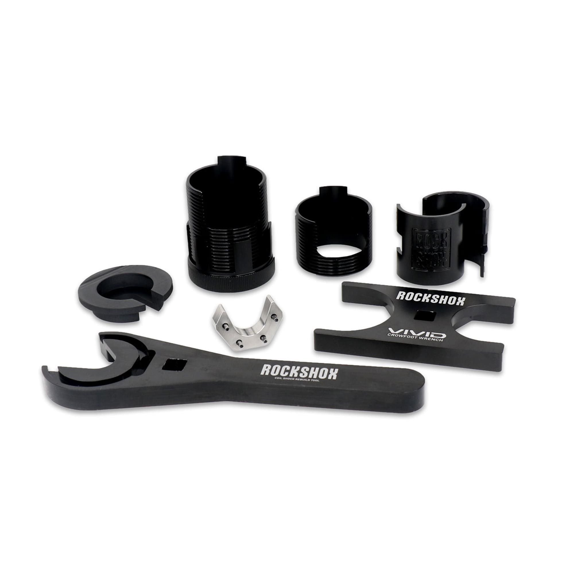 RockShox rear shock toolset for Vivid C1+ 2024+ service, includes crowfoot wrench and protective case, components for shock maintenance.