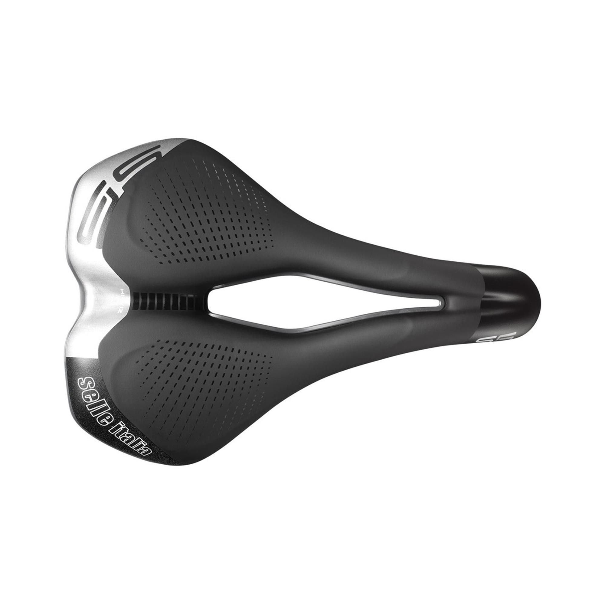 Selle Italia Max S5 Superflow commuter bike saddle with black finish and hi-viz reflective inserts, designed for comfort and visibility.