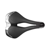 Selle Italia Max S5 Superflow commuter bike saddle with black finish and hi-viz reflective inserts, designed for comfort and visibility.