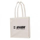 UNIOR white cotton tote bag, eco-friendly reusable shopping bag with workshop design for sustainable carrying.