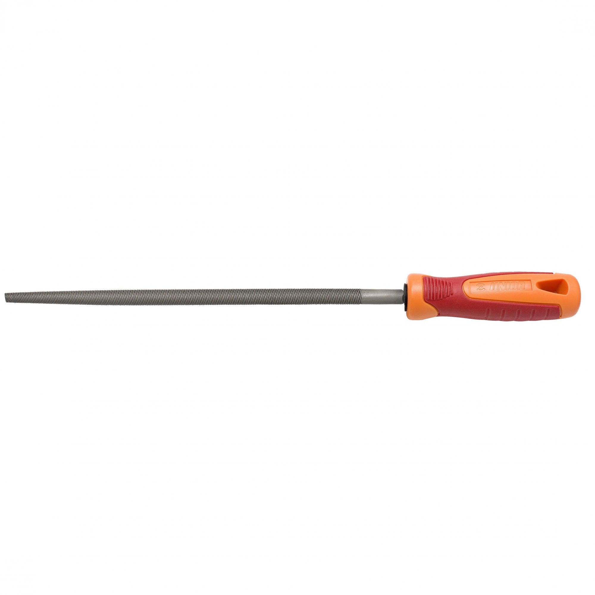 UNIOR coarse round file with ergonomic handle, 200mm, suitable for metal and woodwork, shown in a workshop setting.