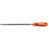 UNIOR coarse round file with ergonomic handle, 200mm, suitable for metal and woodwork, shown in a workshop setting.