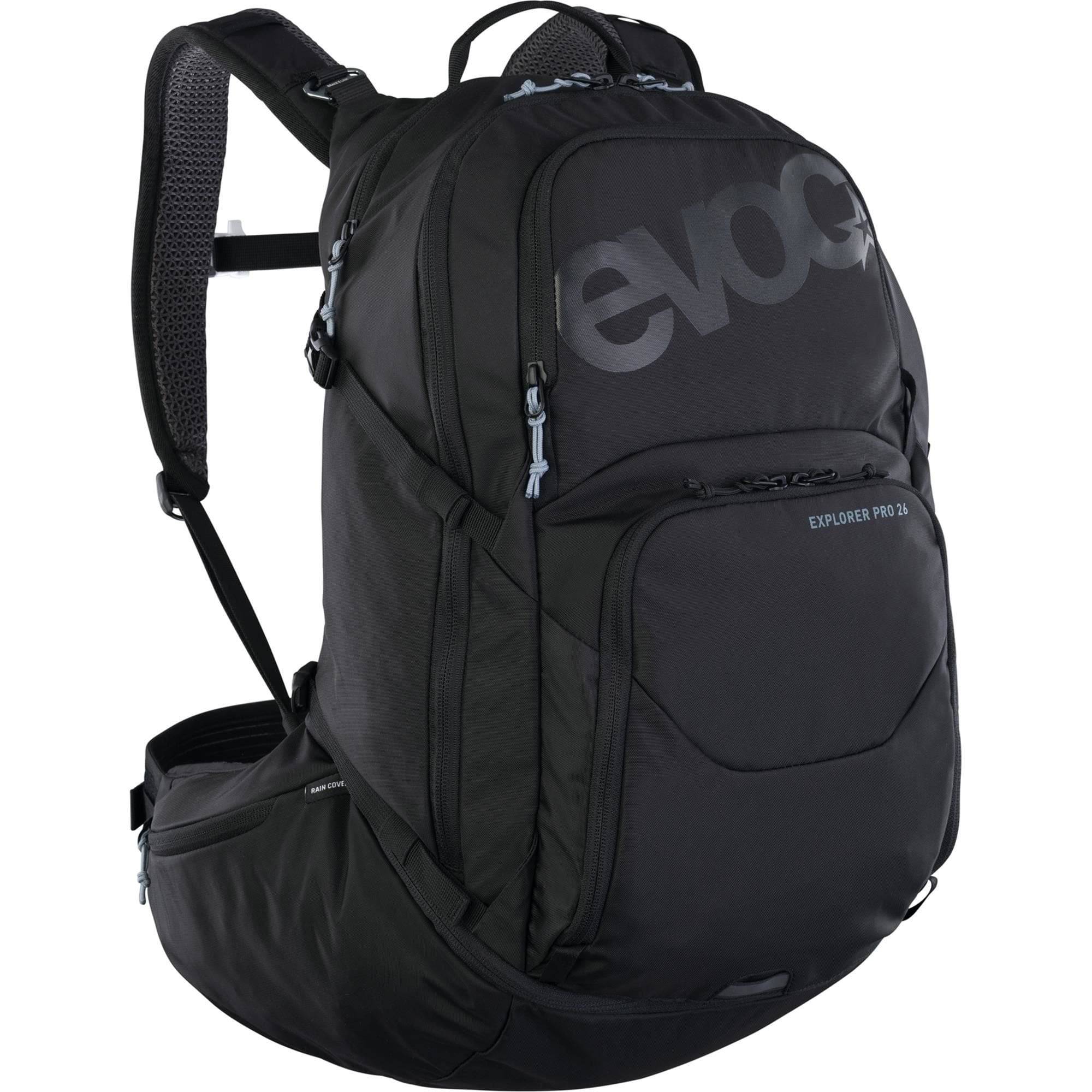 EVOC Explorer Pro 26L performance backpack with helmet holder and hydration compartment, designed for outdoor and cycling adventures.