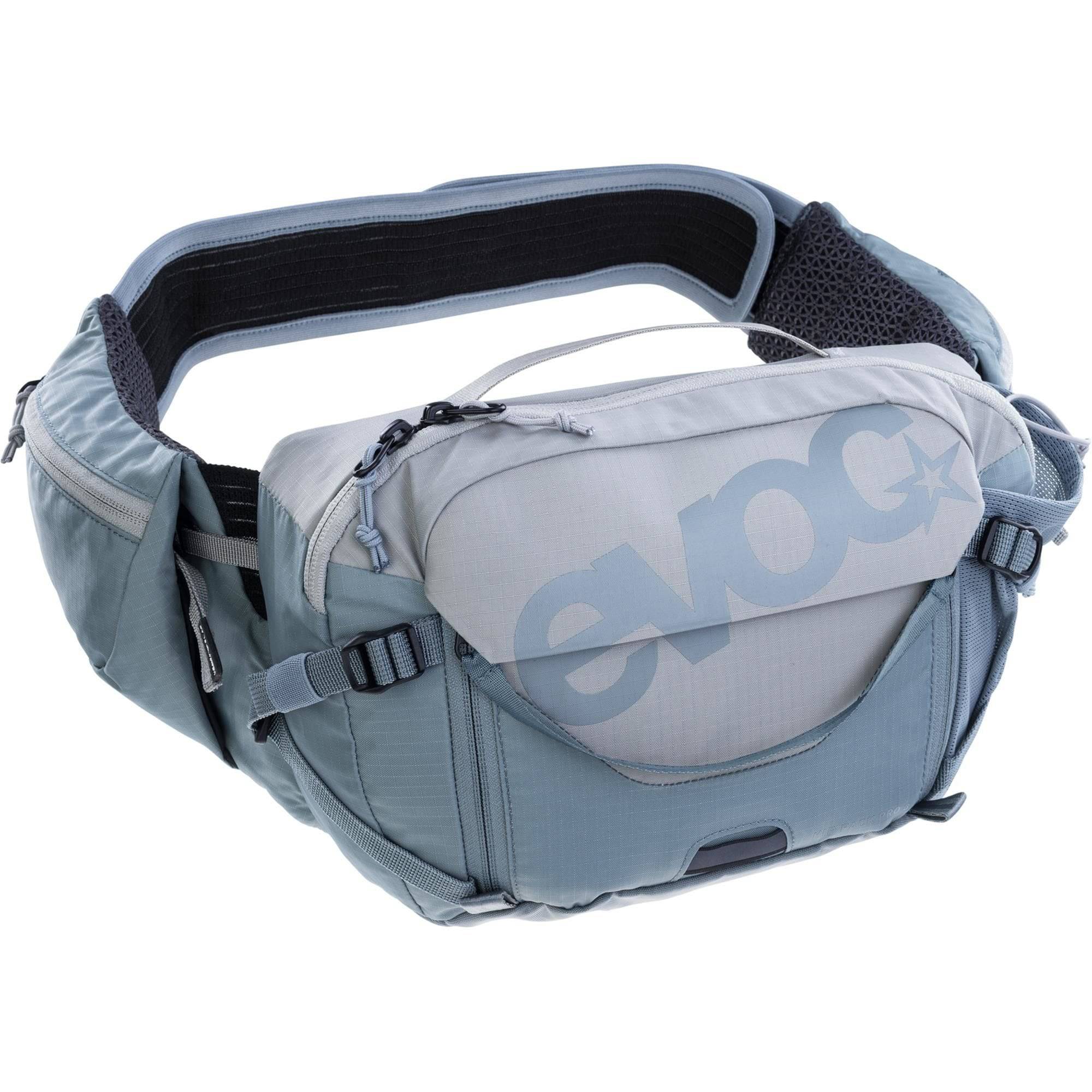 EVOC Hip Pack Pro 3L trail riding bag with ventilated design, tool compartment, and adjustable straps for cycling accessories.