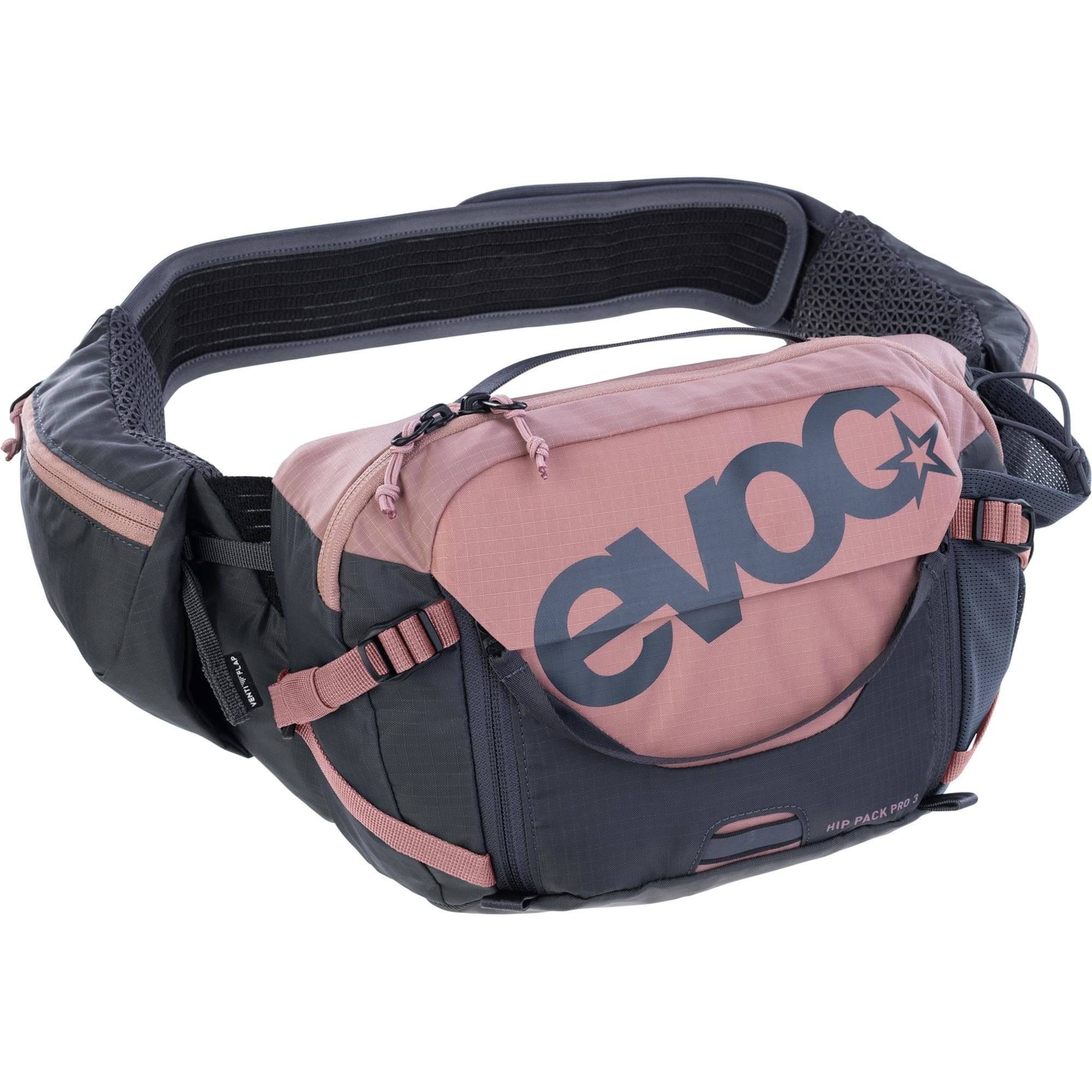 EVOC Hip Pack Pro 3L trail riding bag with ventilated design, tool compartment, and compact accessories for cycling adventures.
