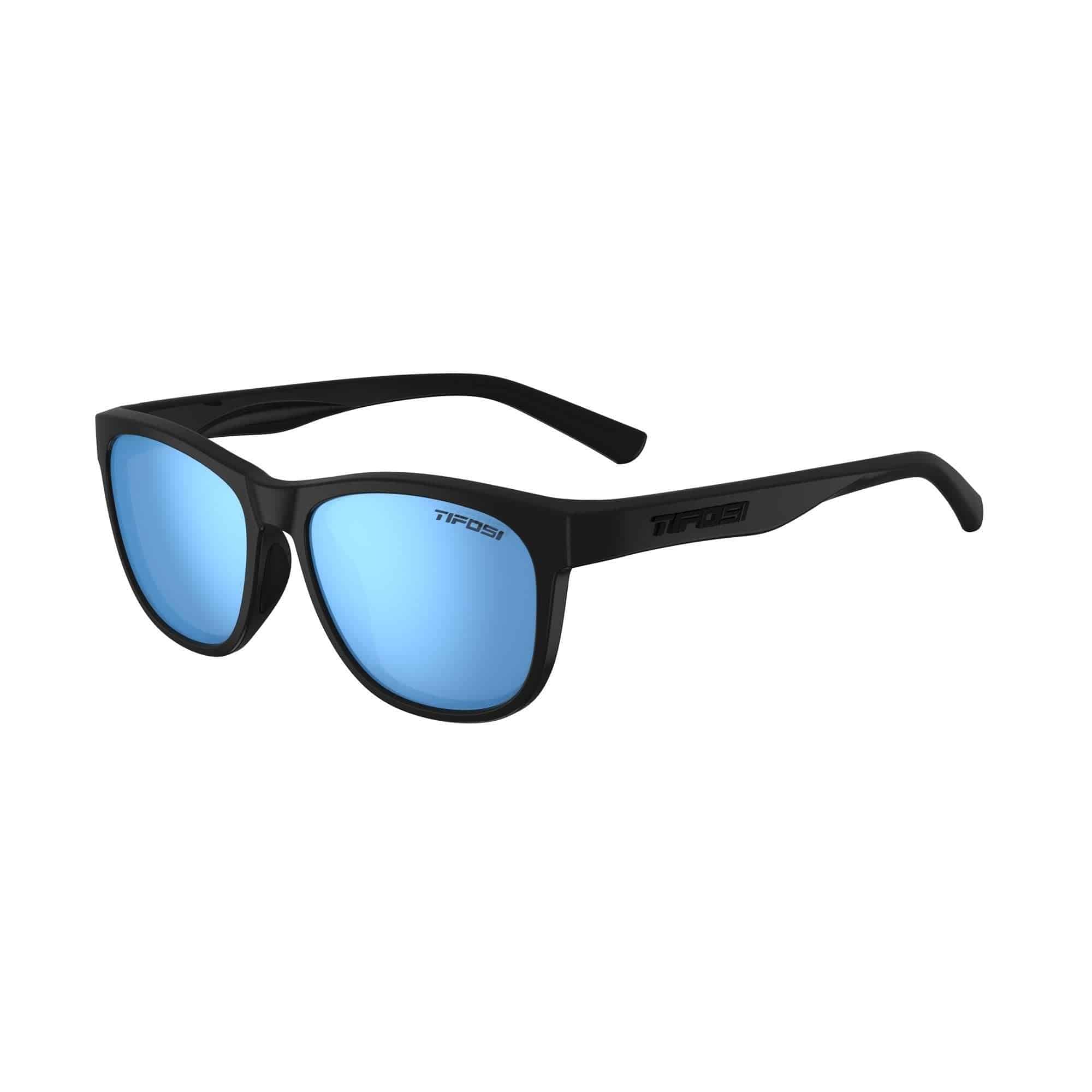 Tifosi Swank polarized sunglasses with single lens UV protection, showcasing sleek eyewear design and dark tinted lenses.